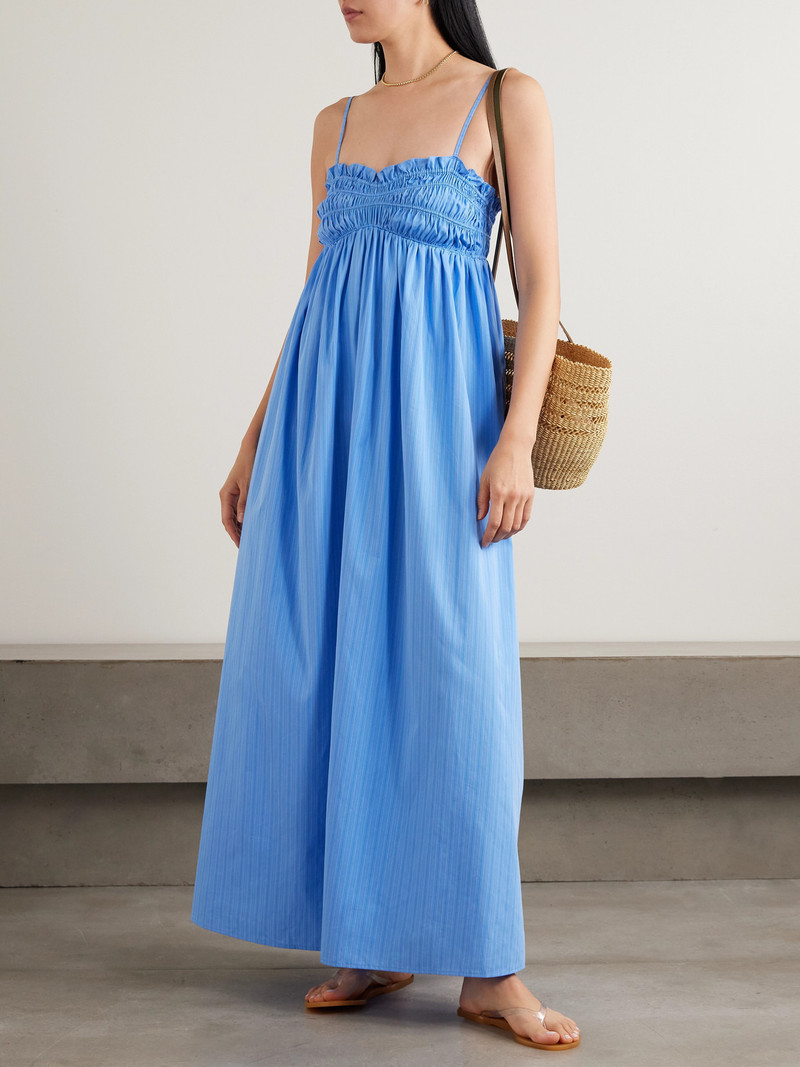 FAITHFULL Presa Shirred Ruffled Pinstriped Organic Cotton-poplin Maxi Dress outlook