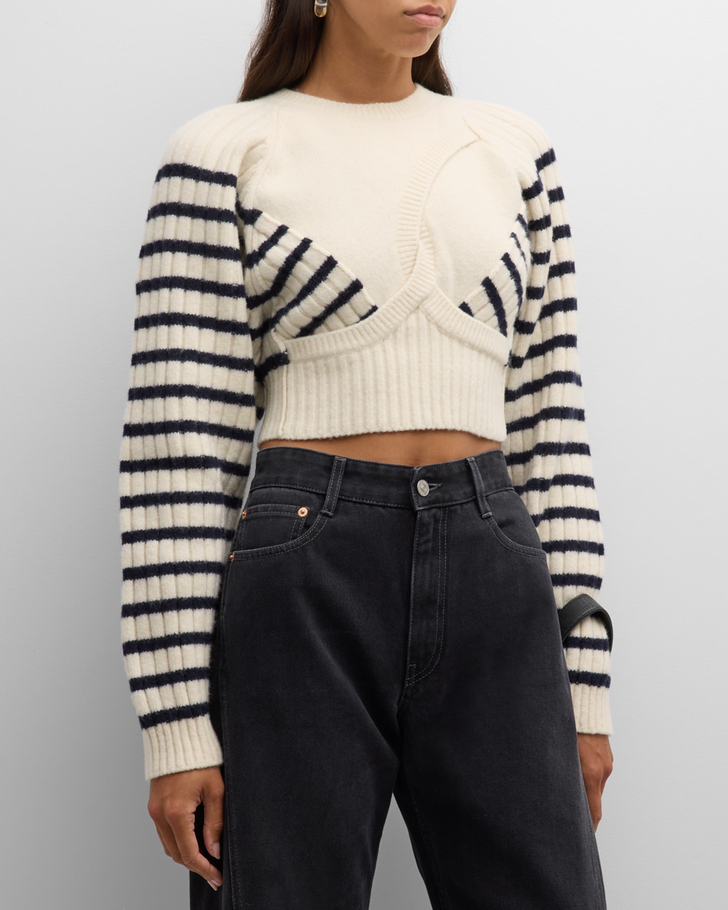 Ribbed Mariniere Cropped Knit Pullover - 2