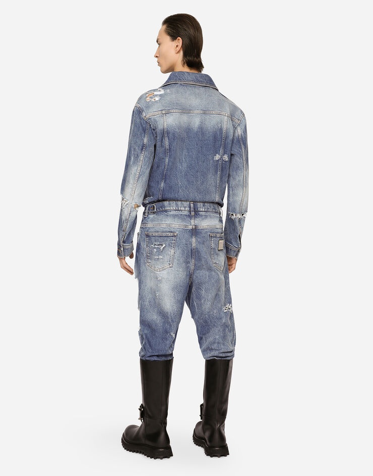 Light blue mixed-denim jumpsuit with rips - 3