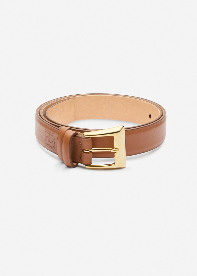 Classic buckle leather belt in camel and gold 1