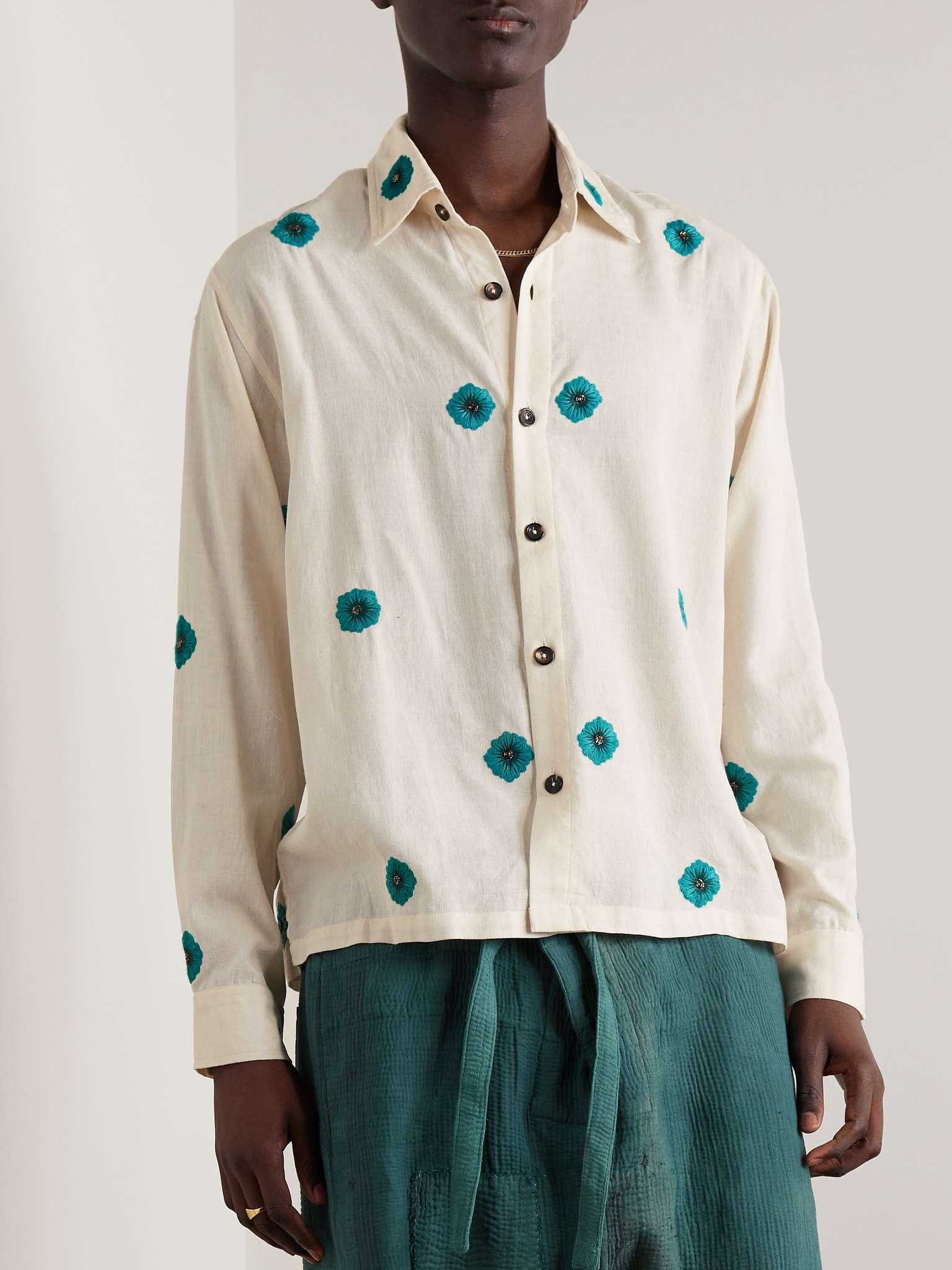 Camp-Collar Embellished Embroidered Cotton-Jacquard Shirt - 3