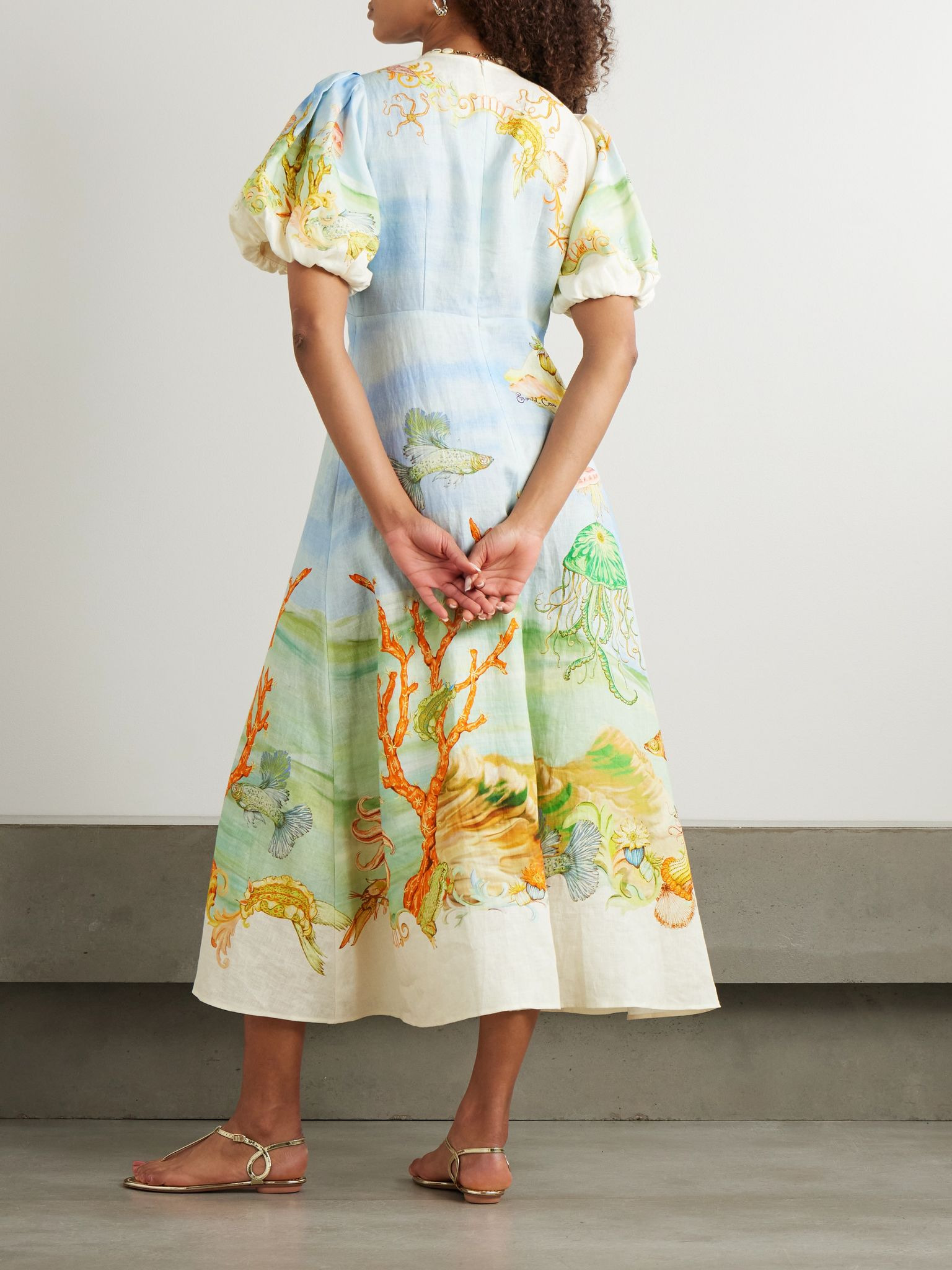 + Sam Pauletto Emerald Cove gathered printed linen-gauze midi dress Blue - 3