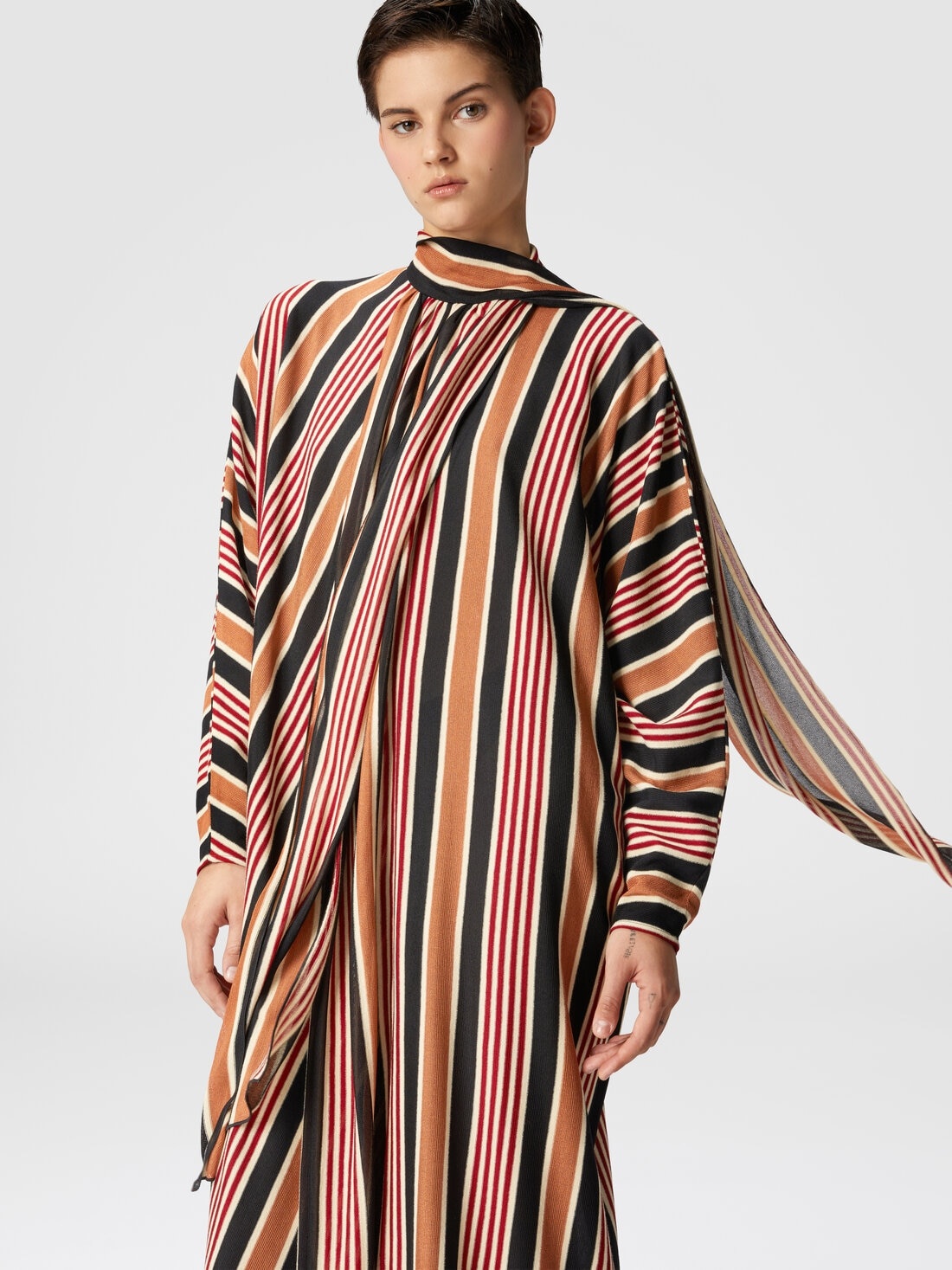 Long striped cotton and viscose dress with knotted collar - 4