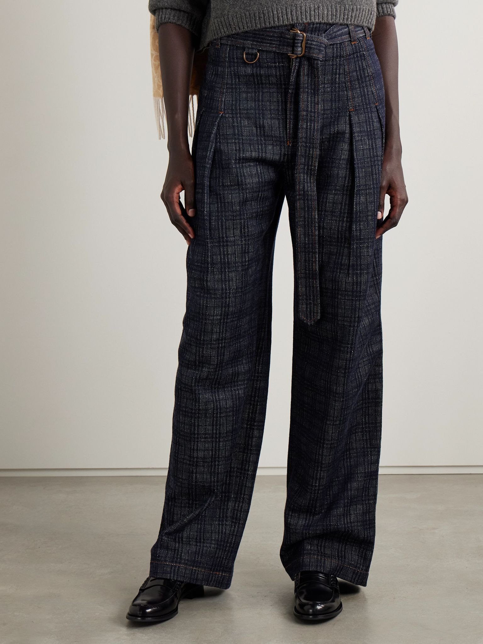 Belted pleated cotton-tweed wide-leg pants Navy - 3
