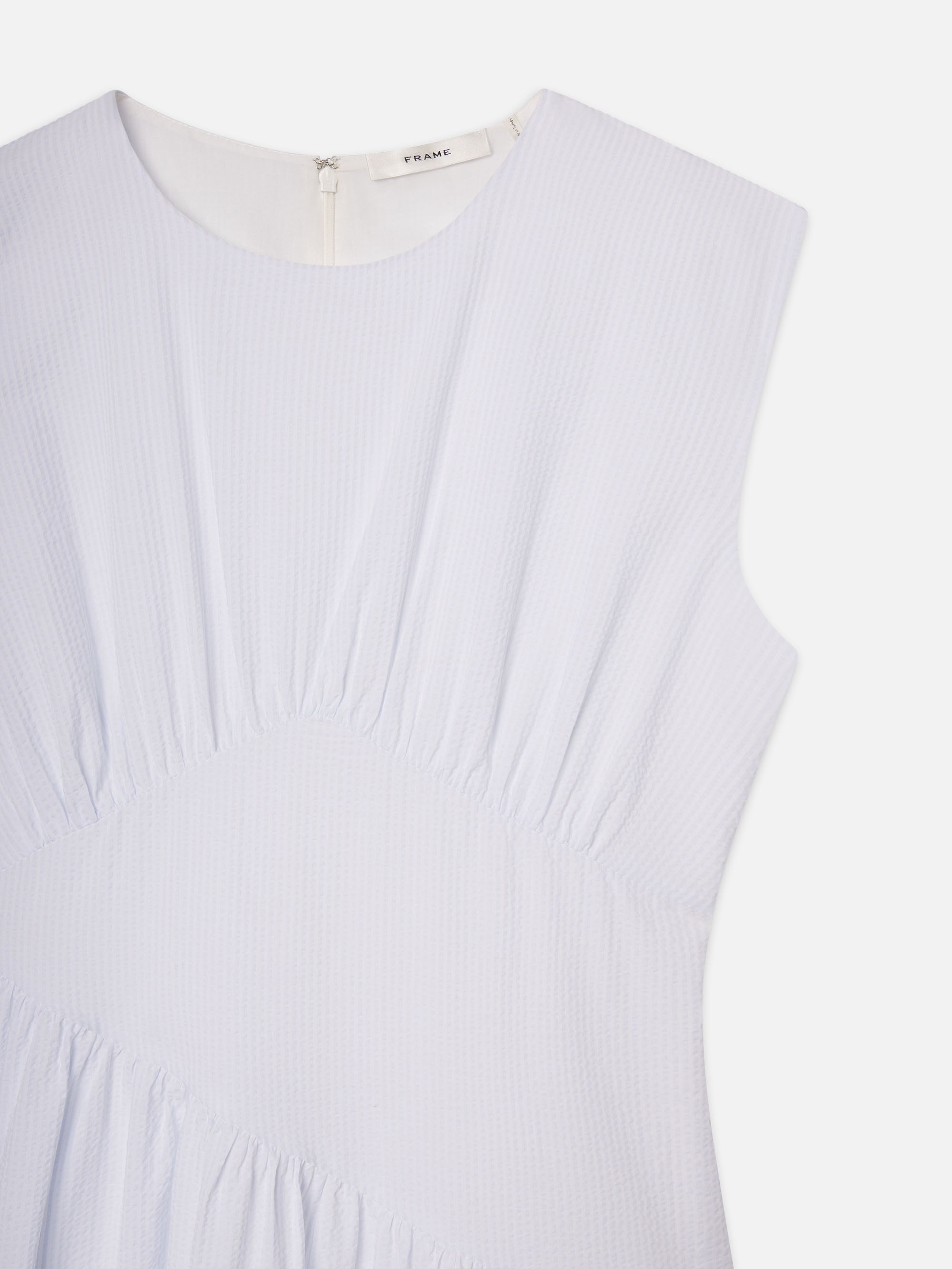 The Seersucker Gathered Dress in Light Chambray Multi - 3