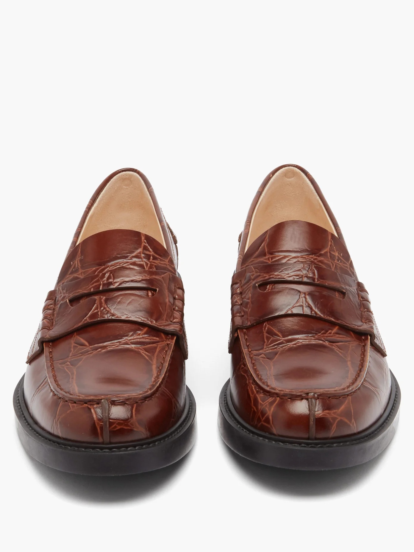 Crocodile-embossed leather loafers - 5