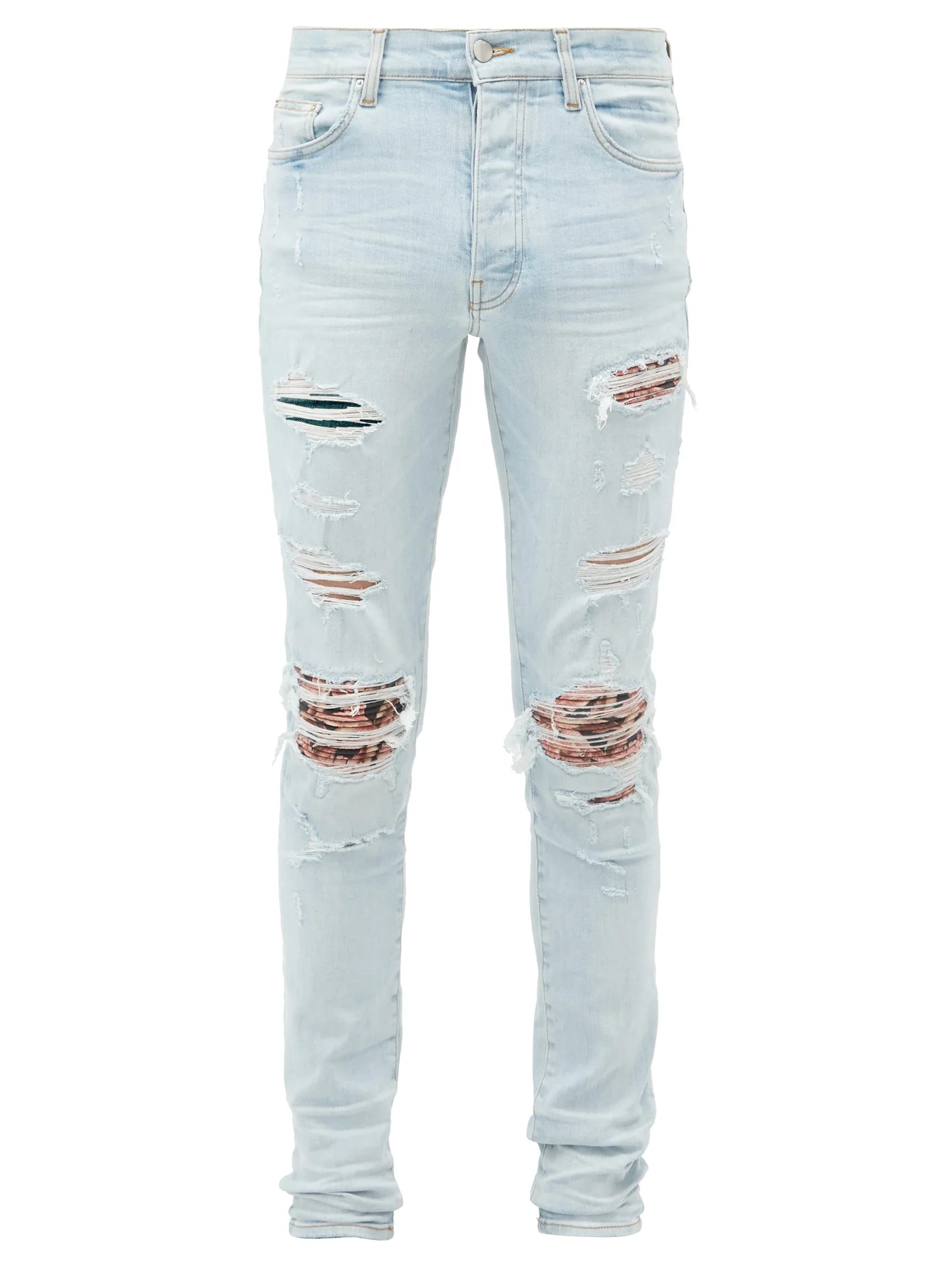 Distressed printed-patch skinny-leg jeans - 1