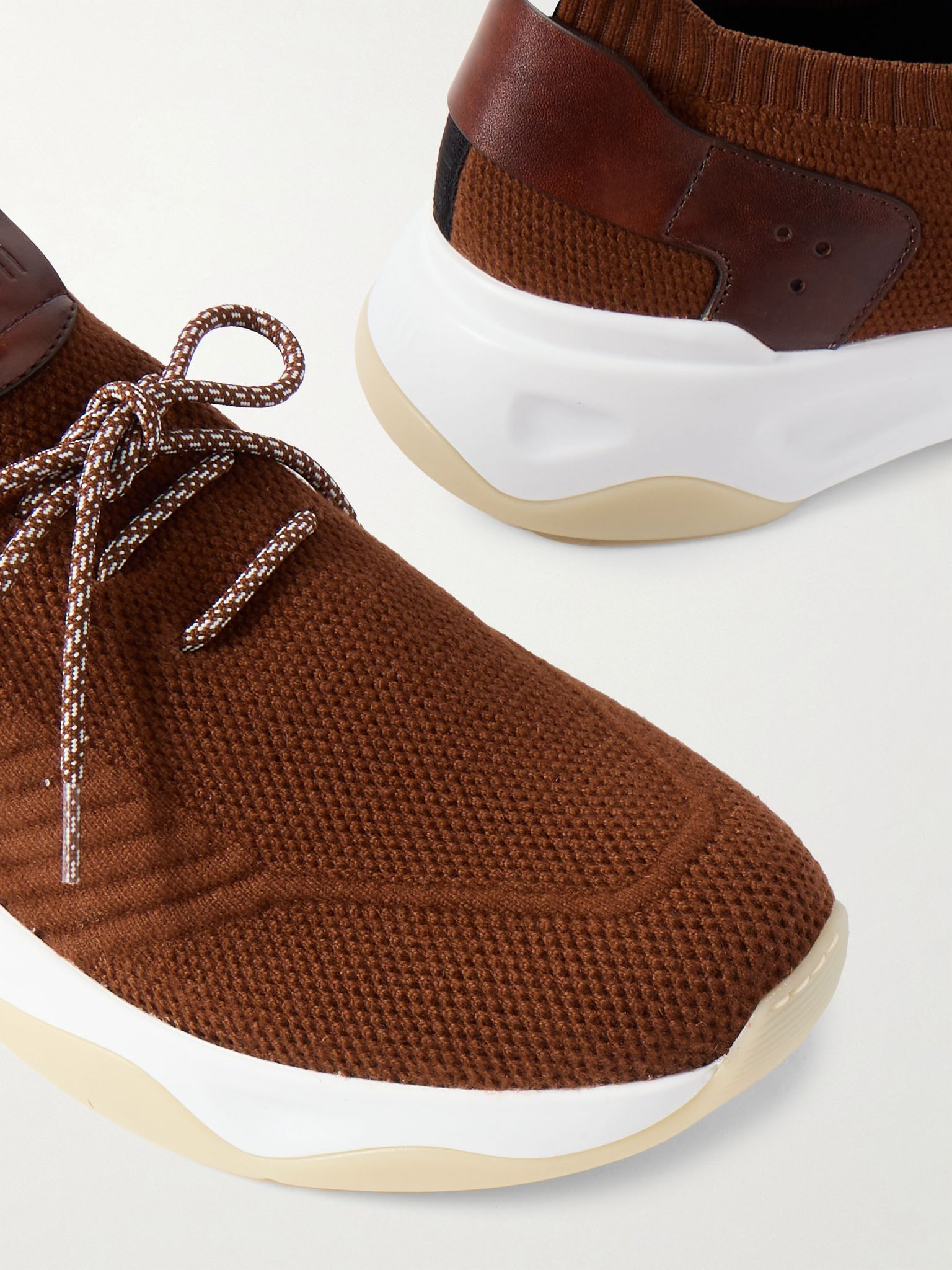 Shadow Venezia Leather-Trimmed Stretch-Knit Sneakers Brown - 4