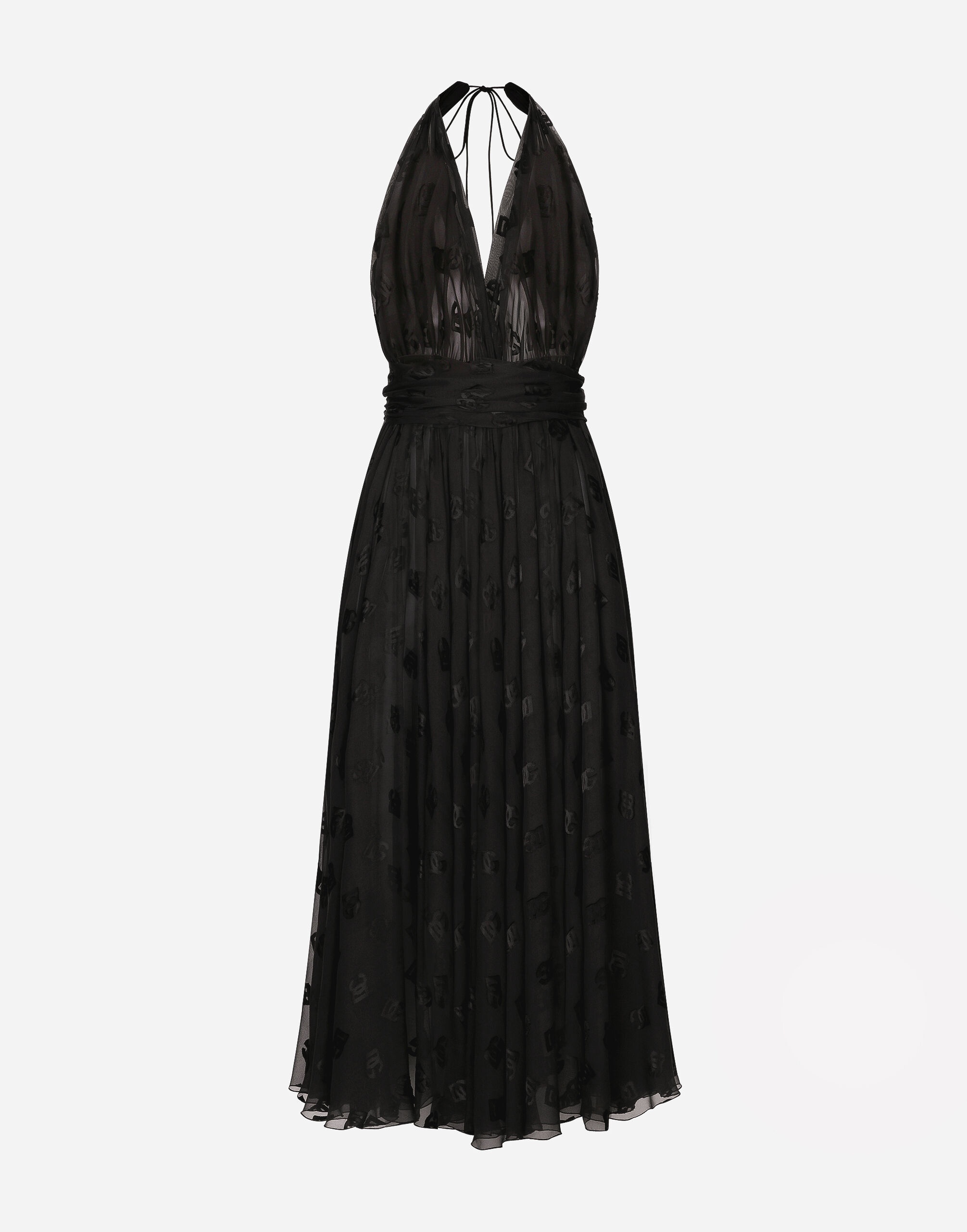 Dévoré satin calf-length dress with all-over DG logo - 1