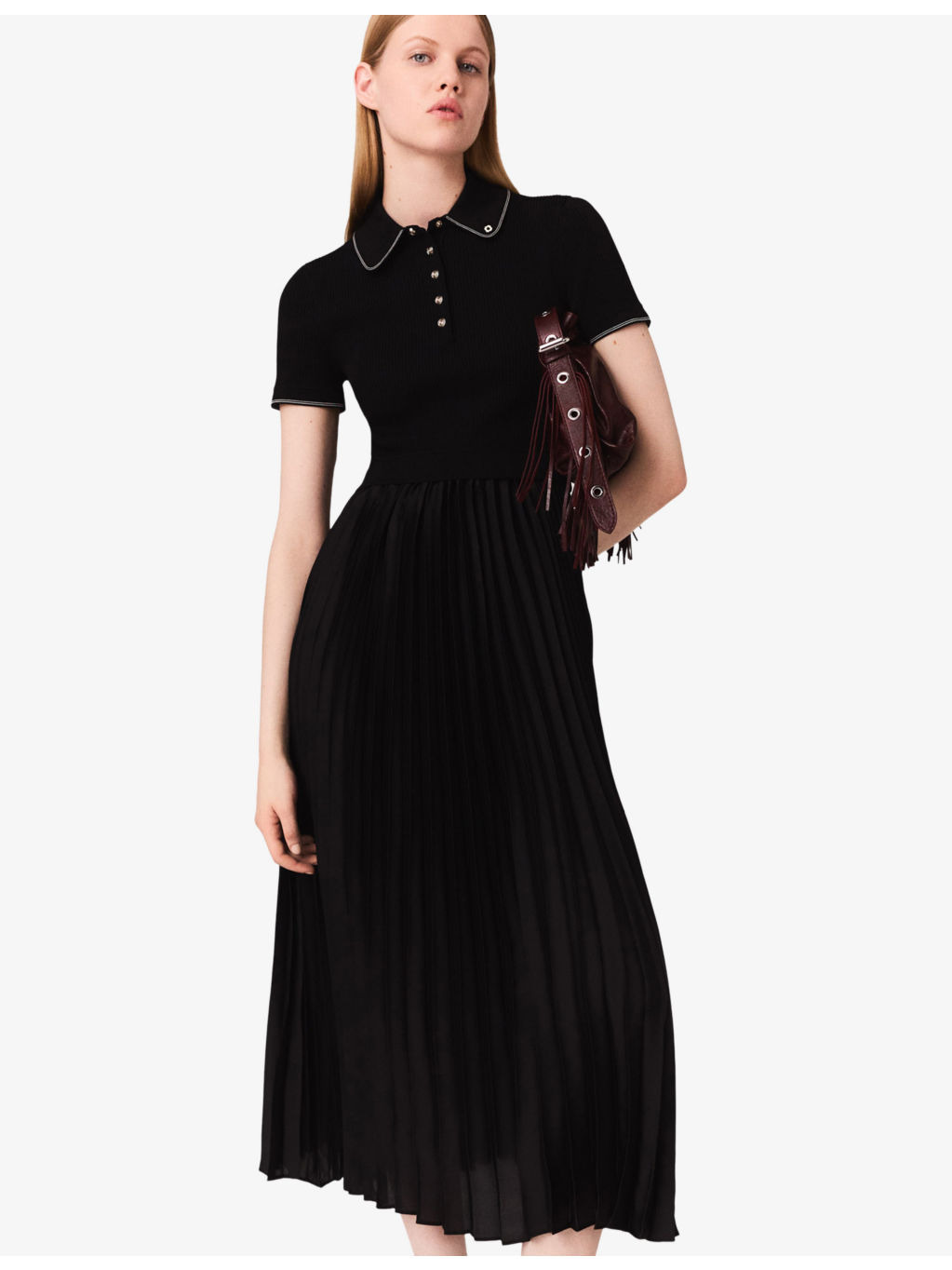 Polo-Collar Knitted and Woven Maxi Dress - 3