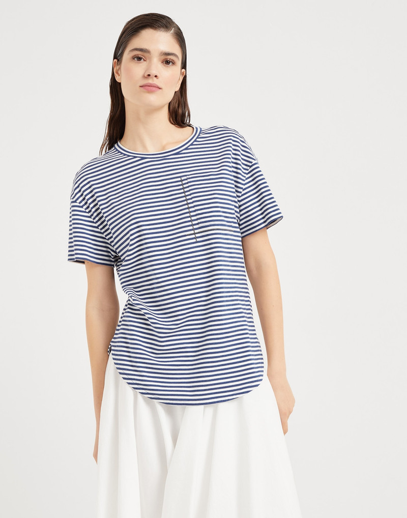 Cotton striped jersey T-shirt with shiny pocket detail 1