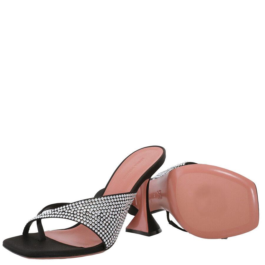Amina Muaddi Ladies Satin Black/White Crystals Shiona Slippers - 2