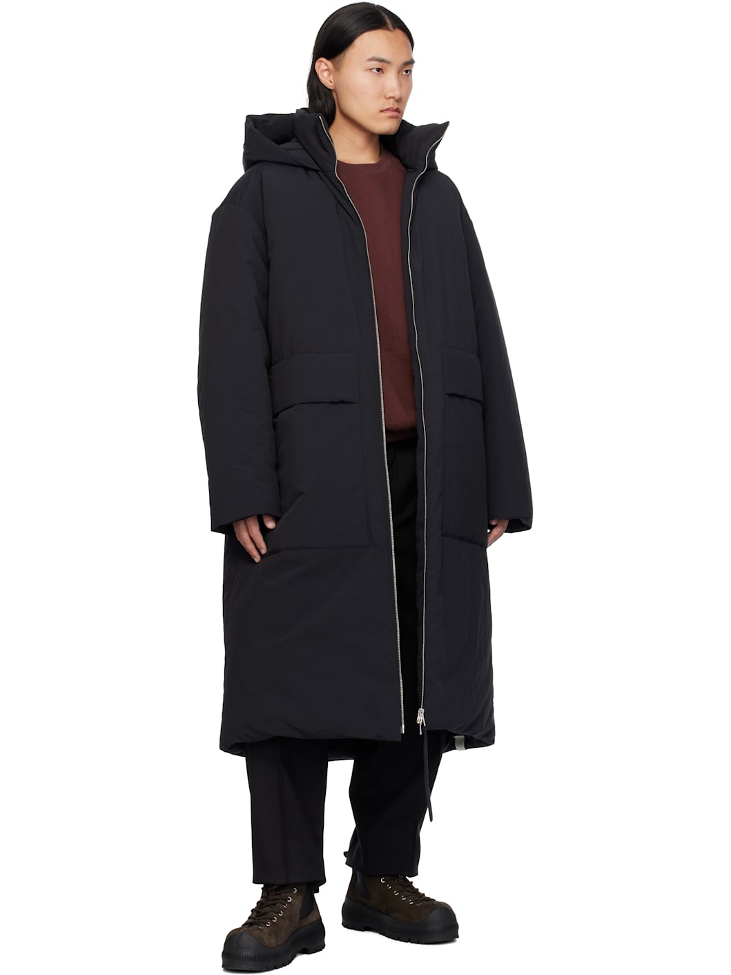 Black Hooded Down Coat - 5