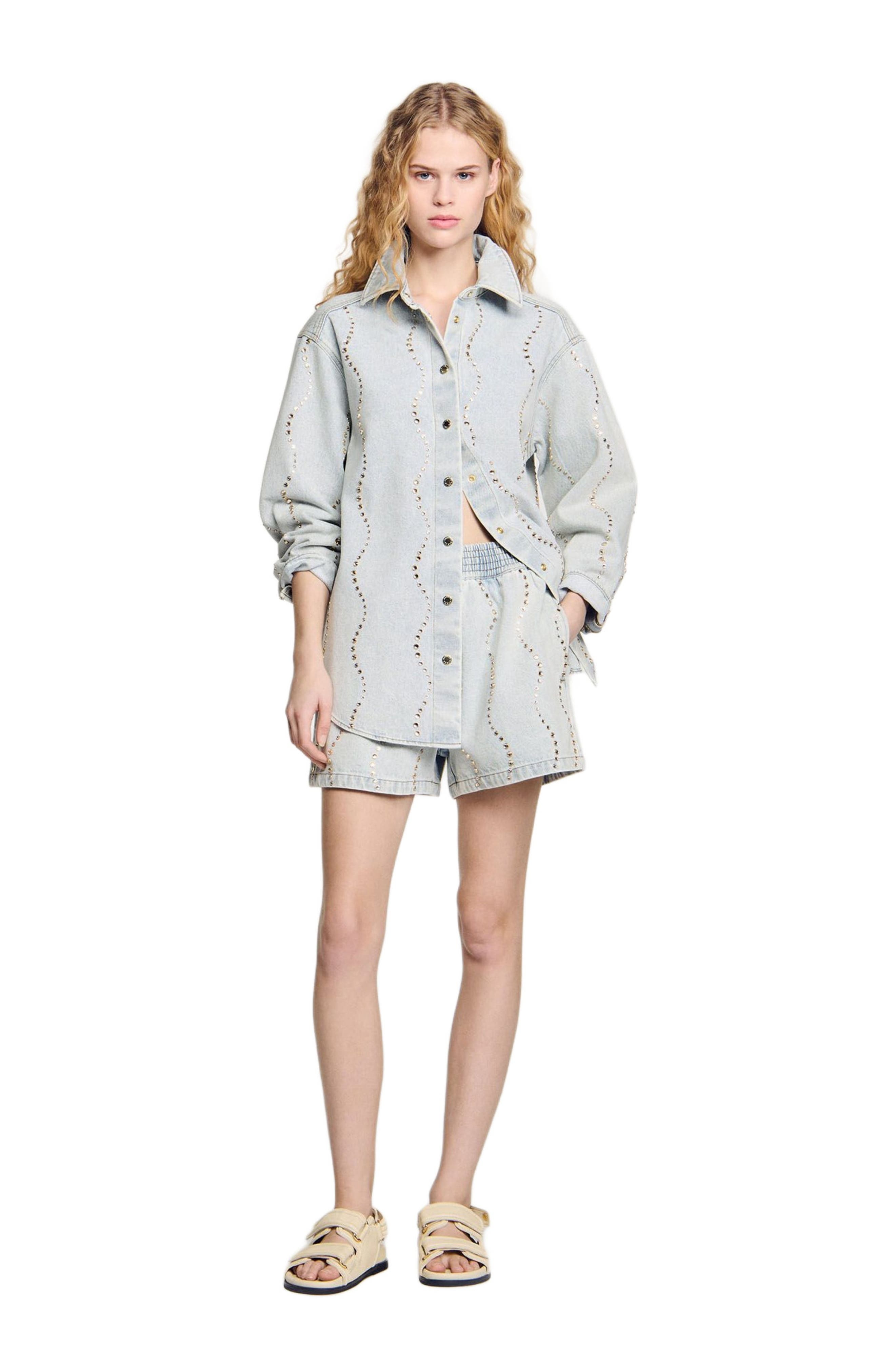 SANDRO Denim shirt with rhinestones in Light Bu Jean at Nordstrom - 6