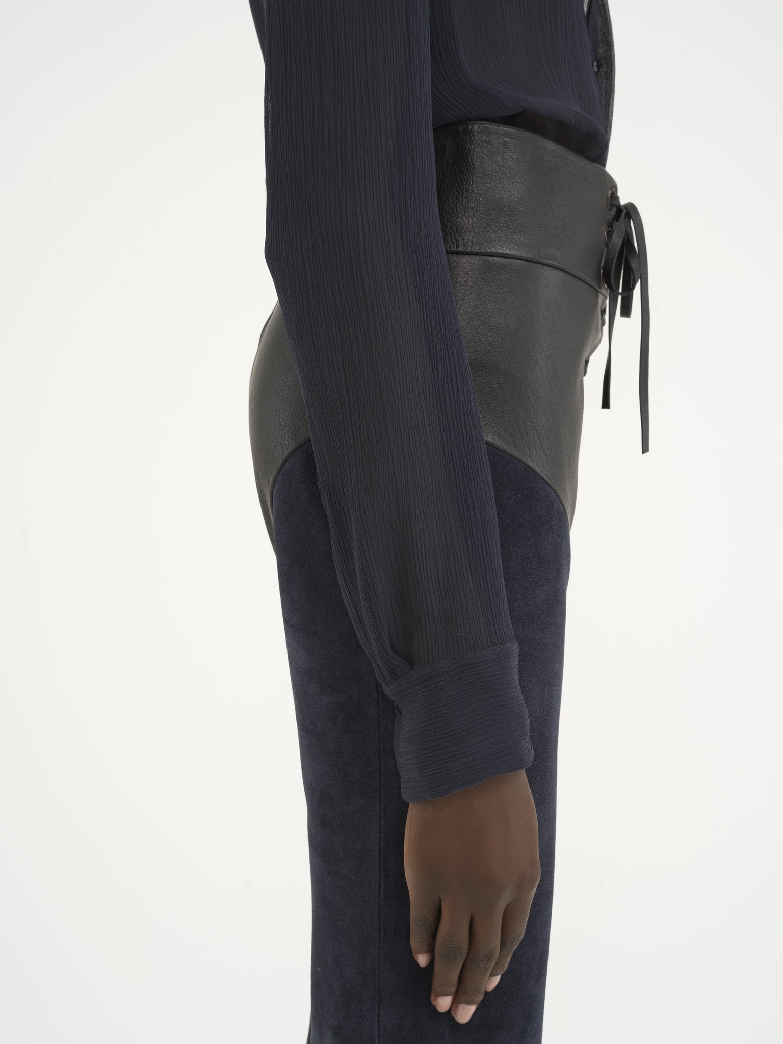 LACE-UP FLARED PATCHWORK PANTS IN LEATHER - 8