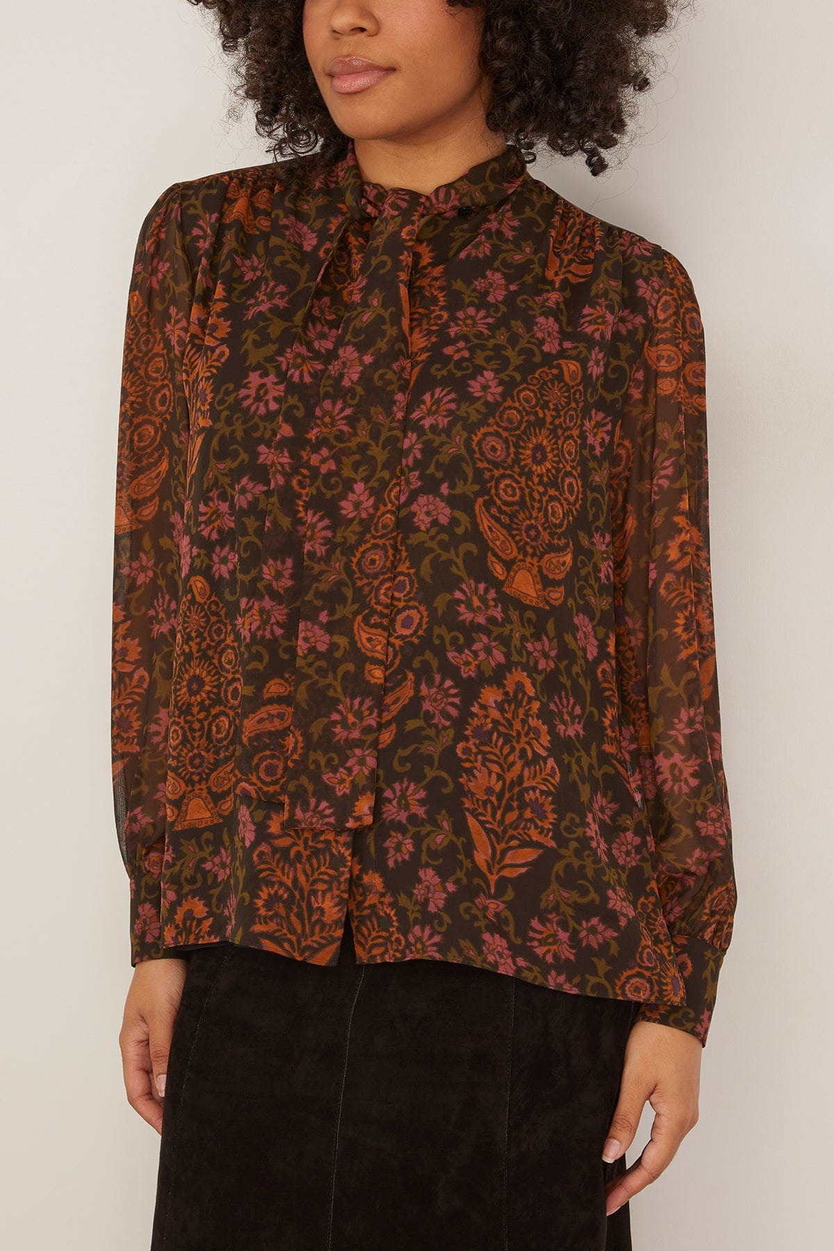Paisley Tie Neck Top in Brown - 3