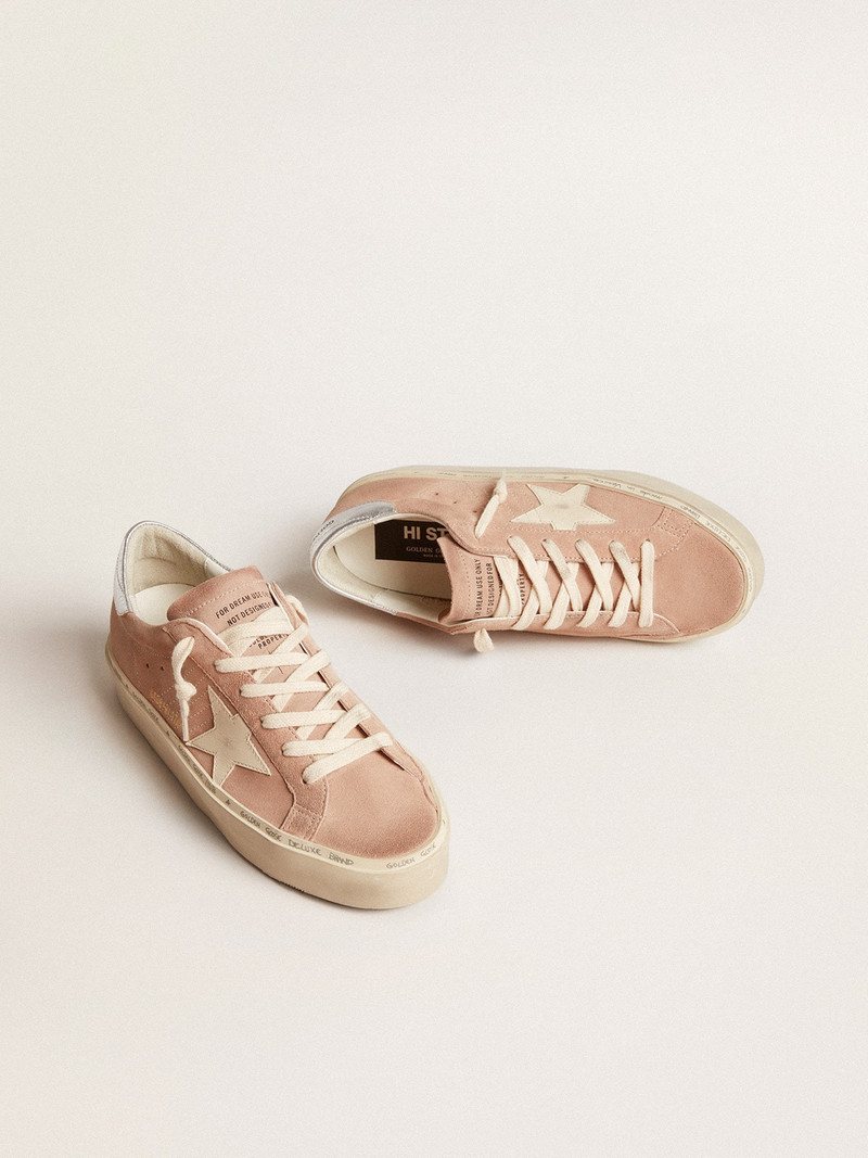 Golden Goose Hi Star in pink suede with cream star and silver leather heel tab outlook