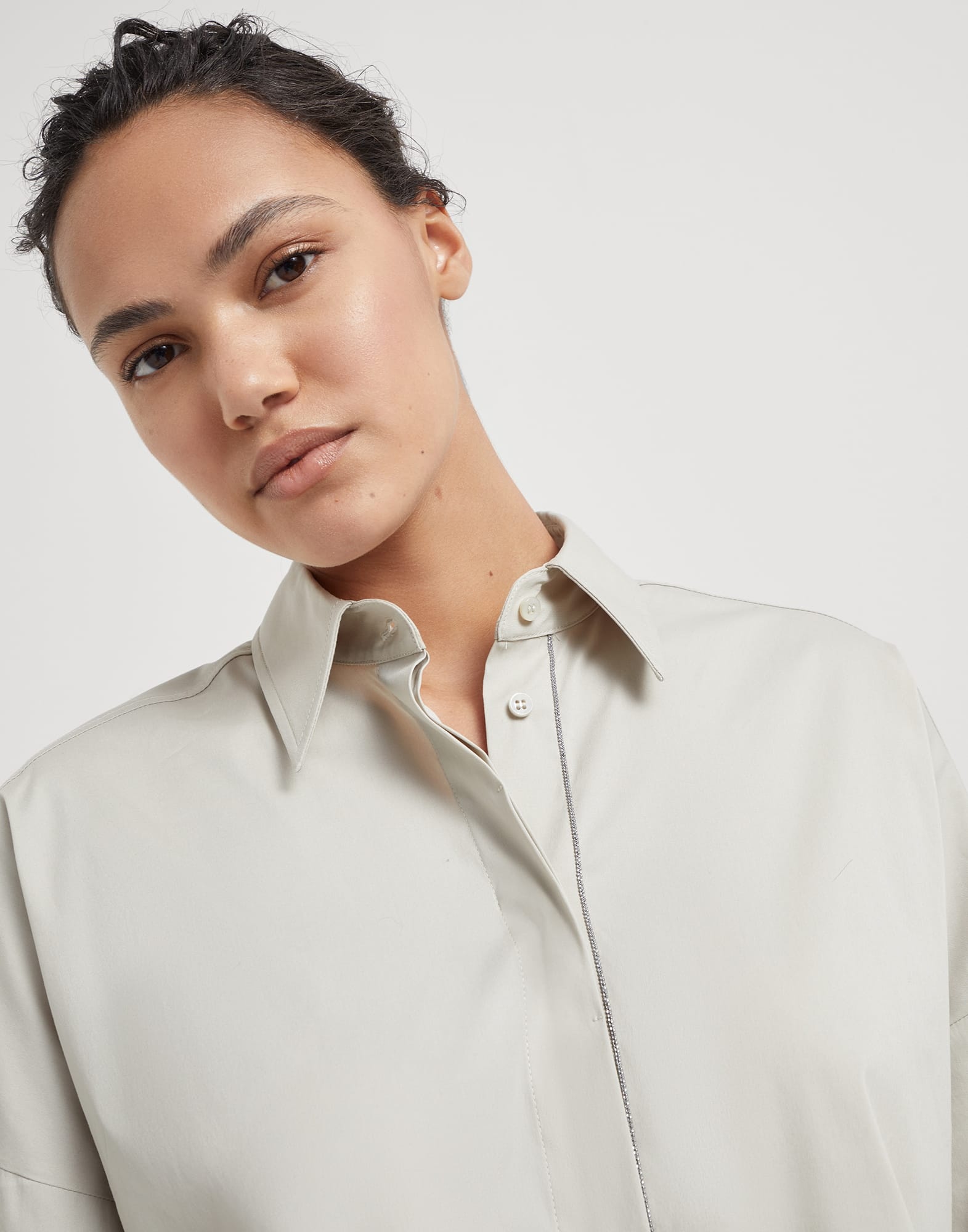 Stretch cotton poplin shirt with shiny trim - 3