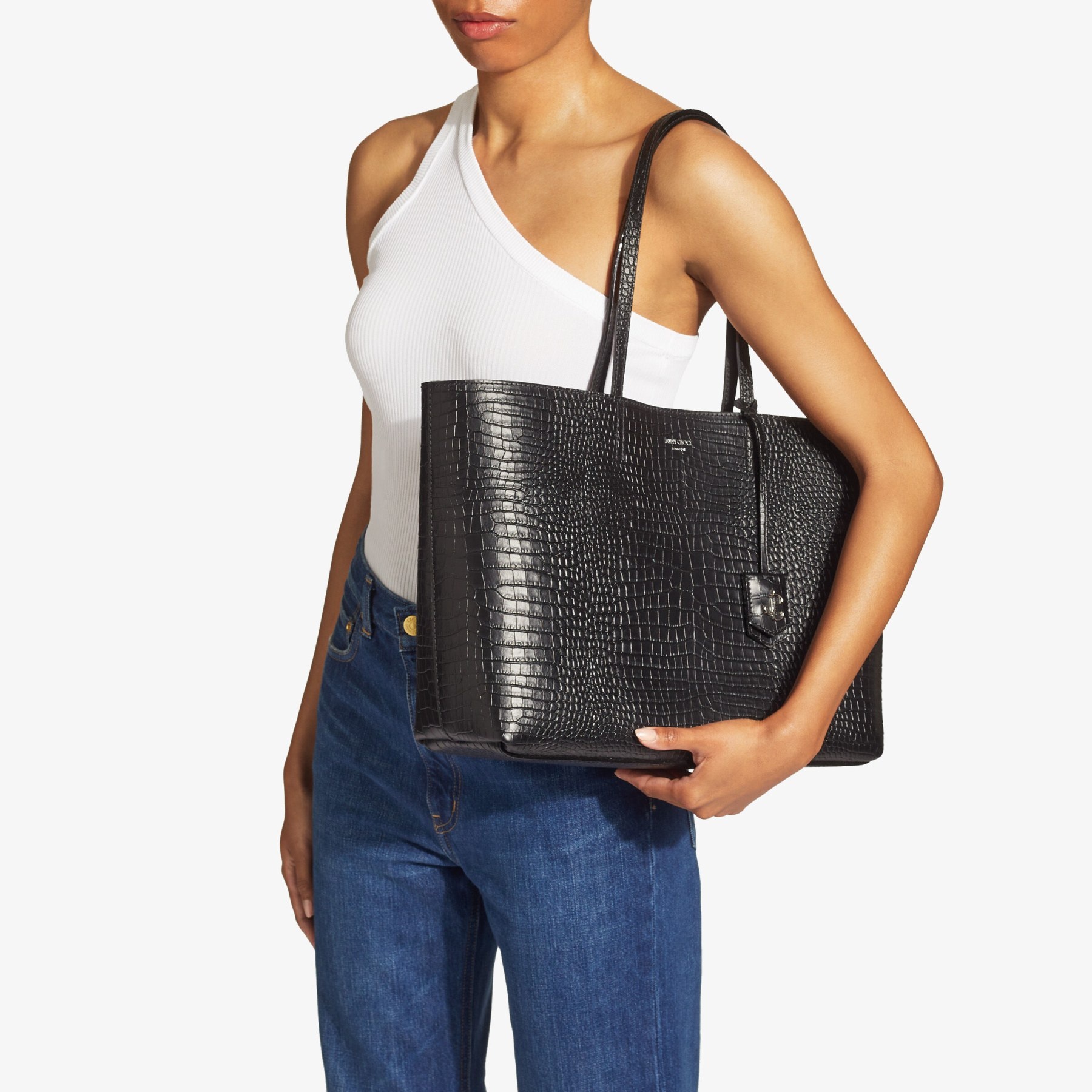 Nine2Five E/W
Black Croc Embossed Leather Tote Handbag with JC Emblem - 2