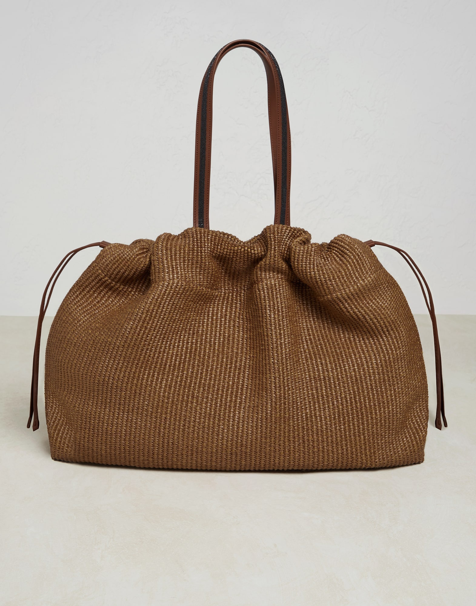 Techno raffia shopper bag with shiny handles - 1