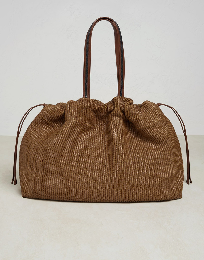 Techno raffia shopper bag with shiny handles 1