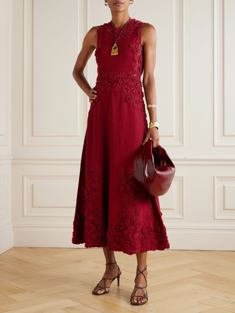 ULLA JOHNSON Genoveva crocheted lace-trimmed cotton-blend midi dress Burgundy outlook