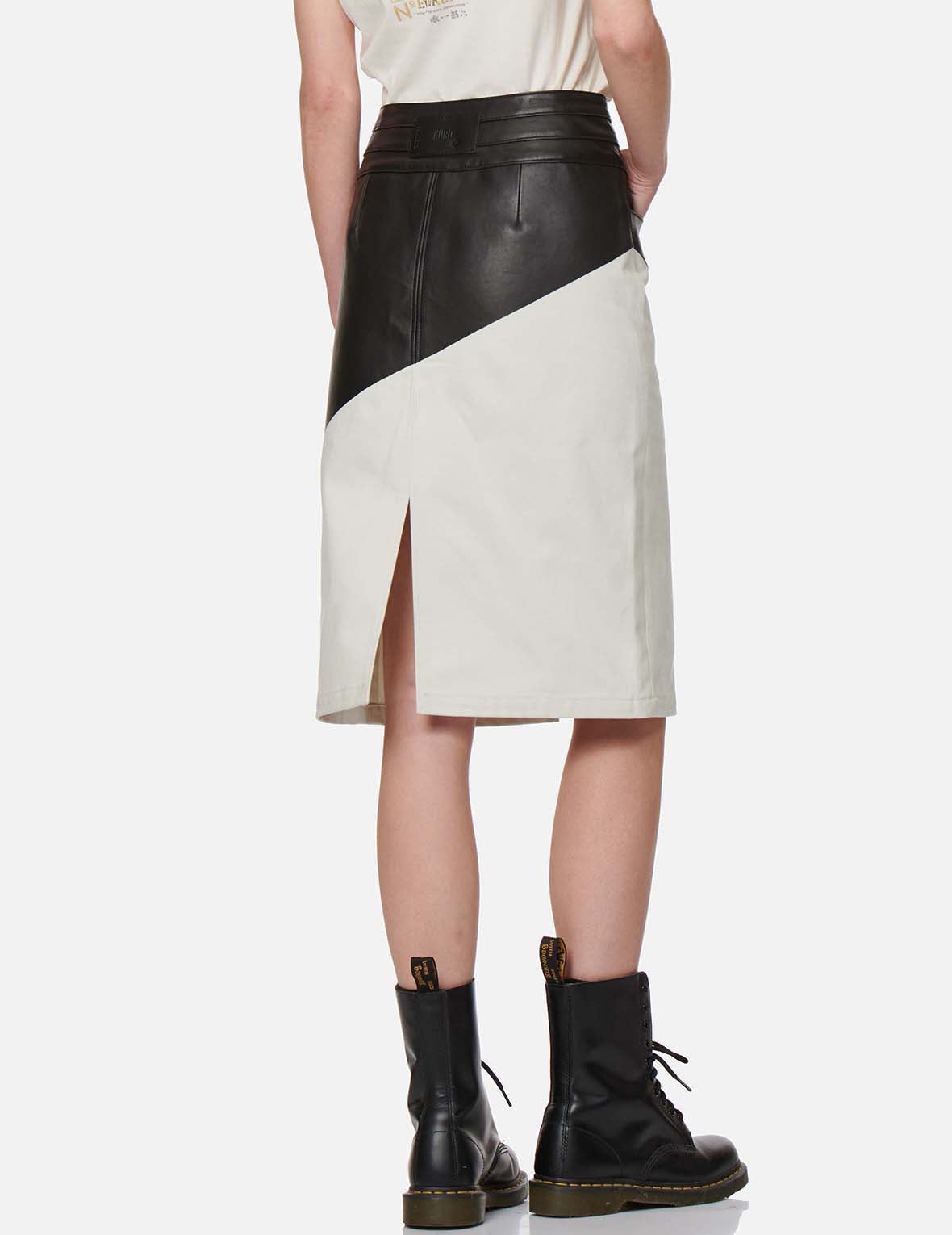 Contrast Leather Denim Skirt - 4