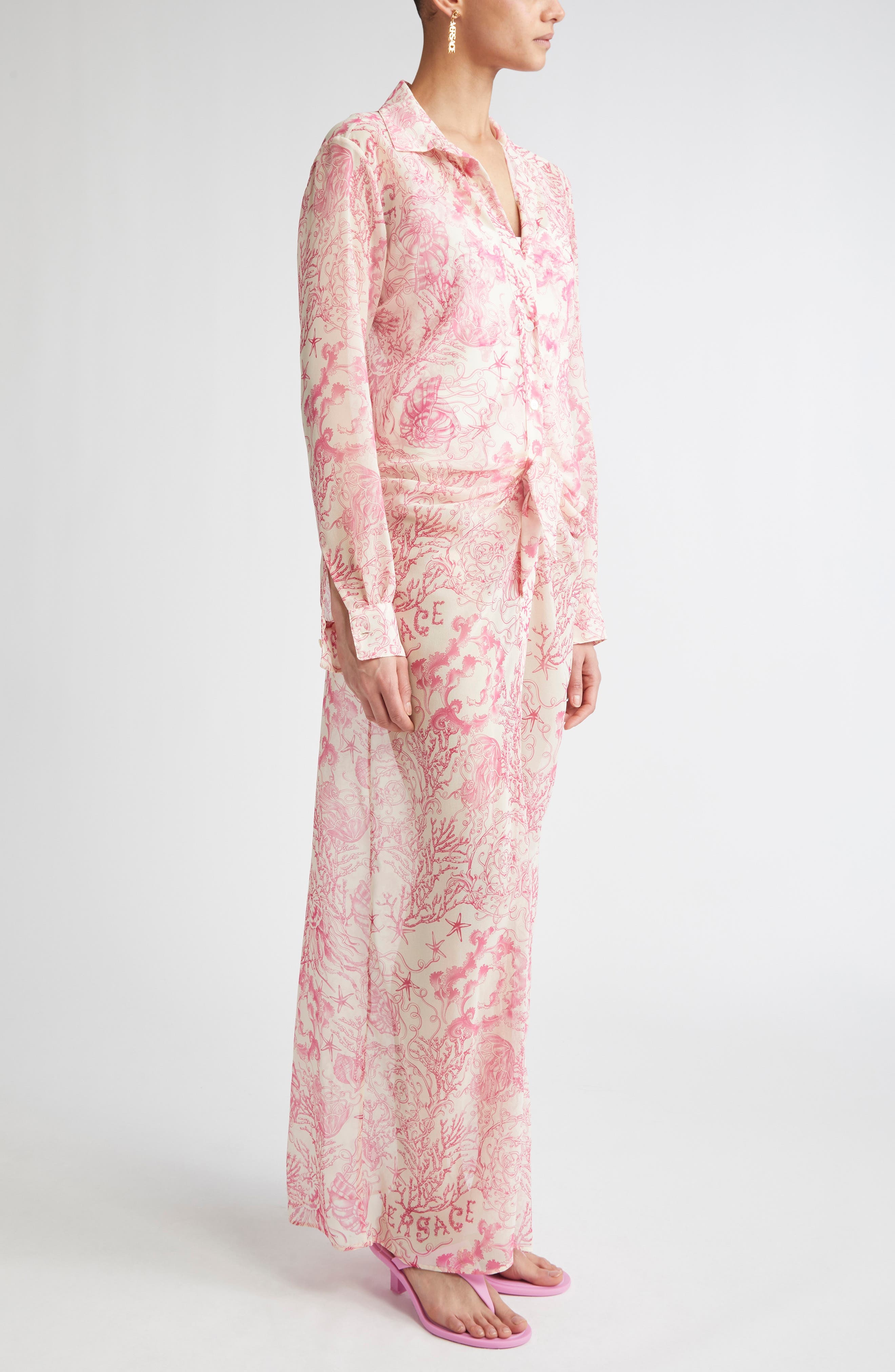 Versace Underwater Barocco Long Sleeve Cover-Up Shirtdress in Eggshell/Dragonfruit at Nordstrom - 3