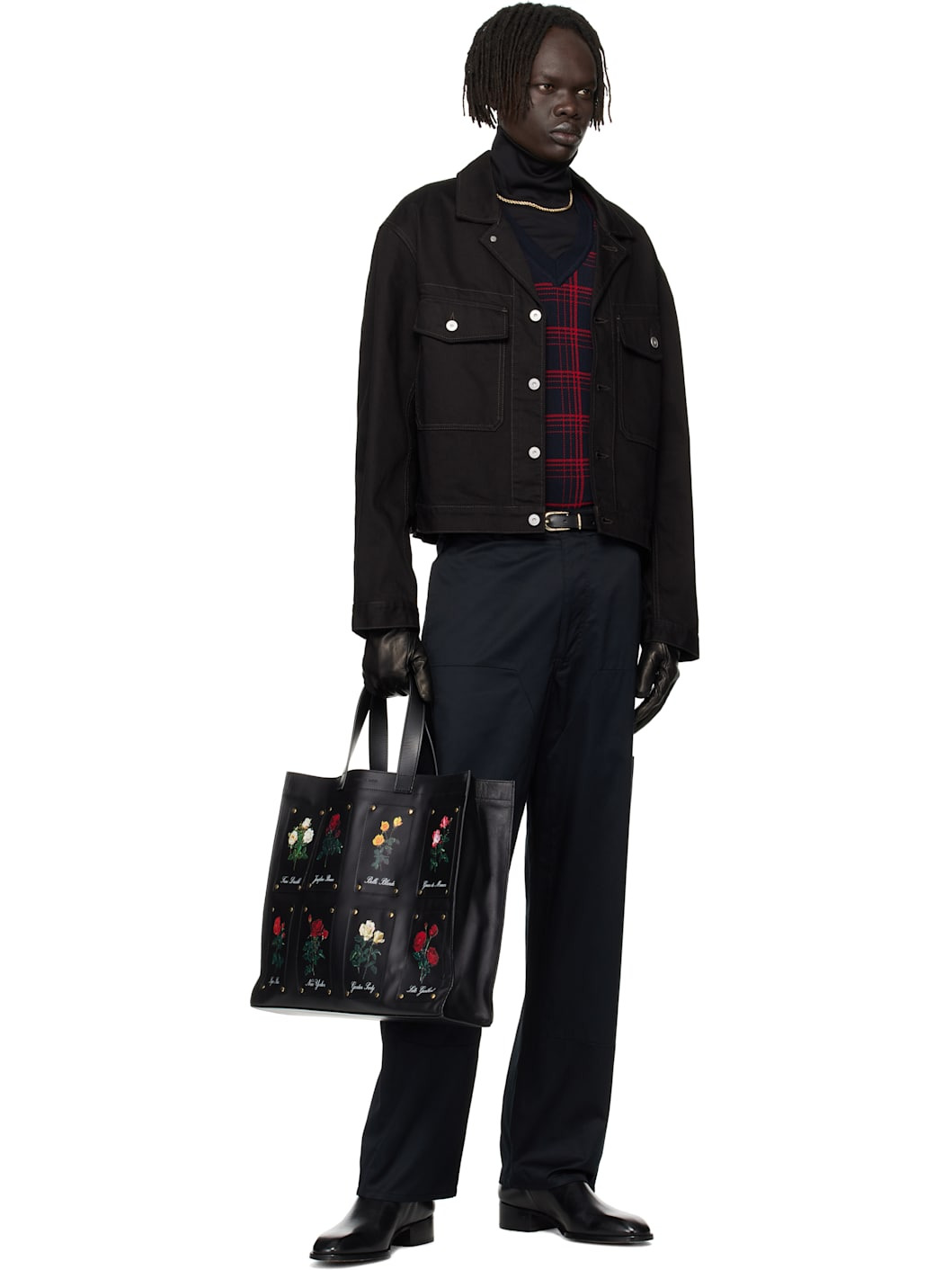 Black Patched Rose Shopper Tote - 4