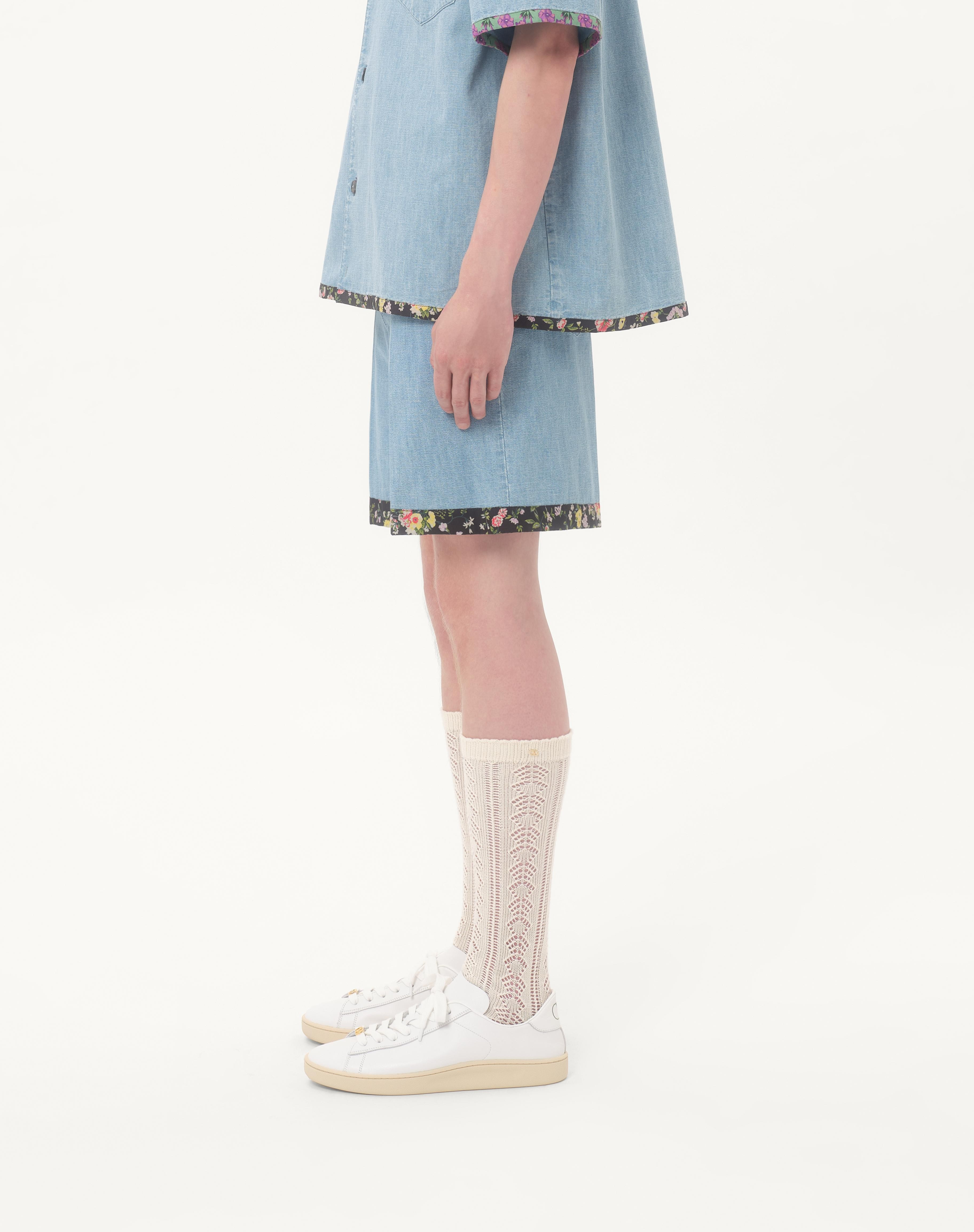 DENIM BERMUDA SHORTS WITH FLORAL PRINT HEM - 4