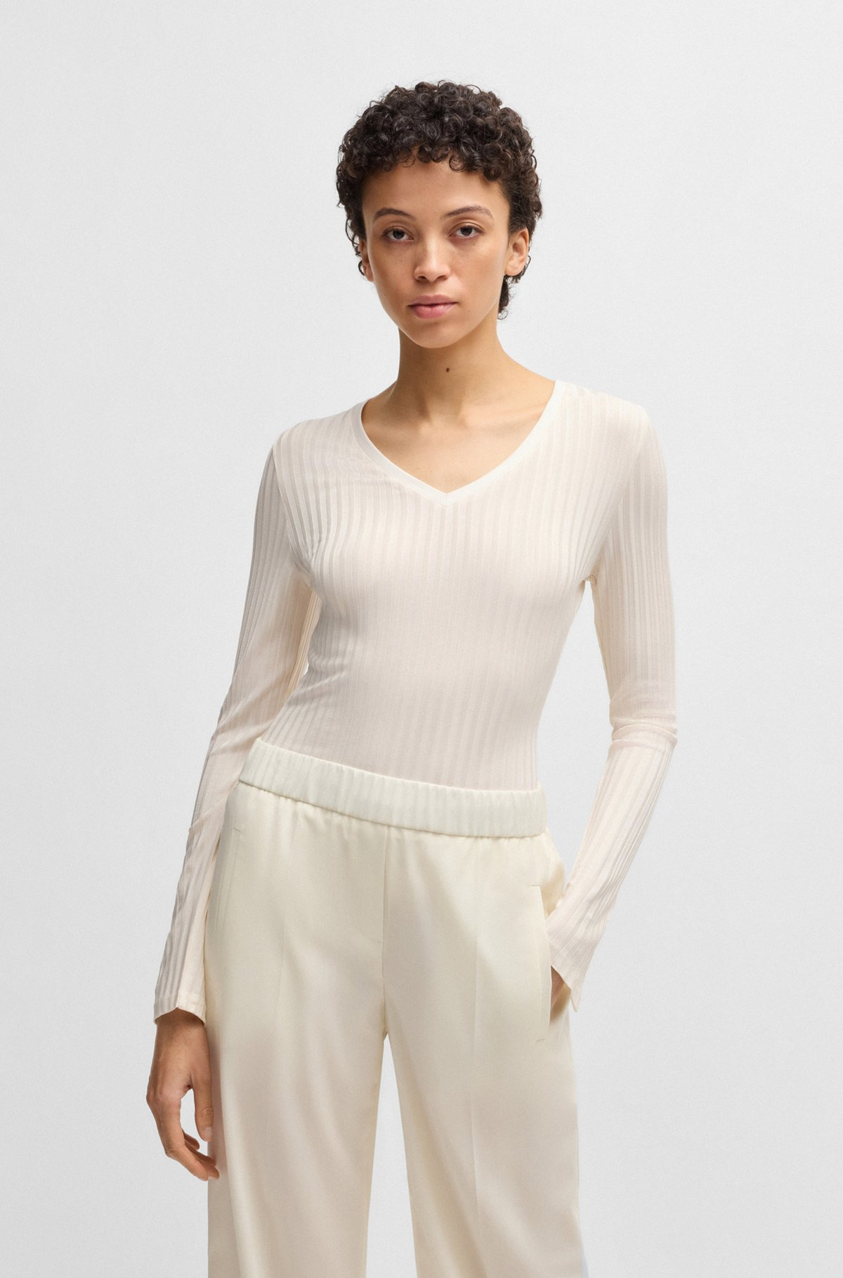 LONG-SLEEVED V-NECK TOP IN LUSTROUS RIBBED JERSEY - 2