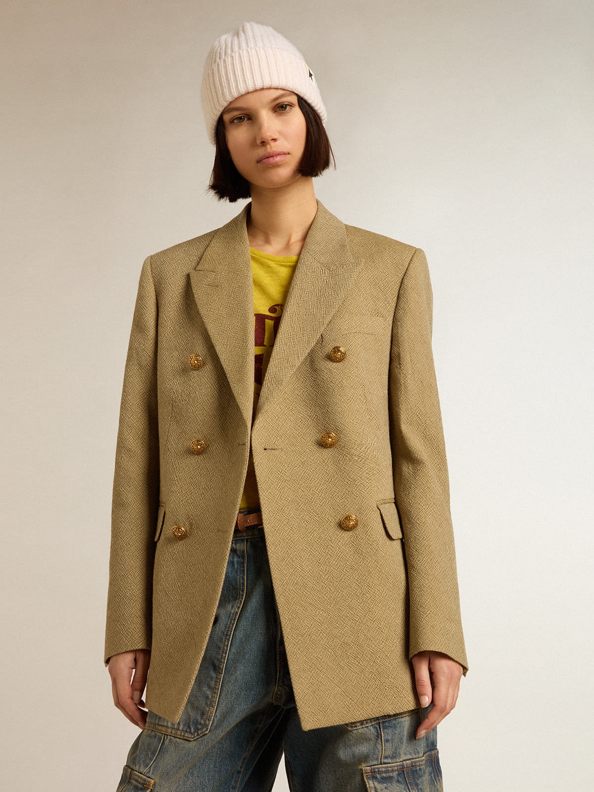 Women's pale beech-colored wool double-breasted blazer - 2