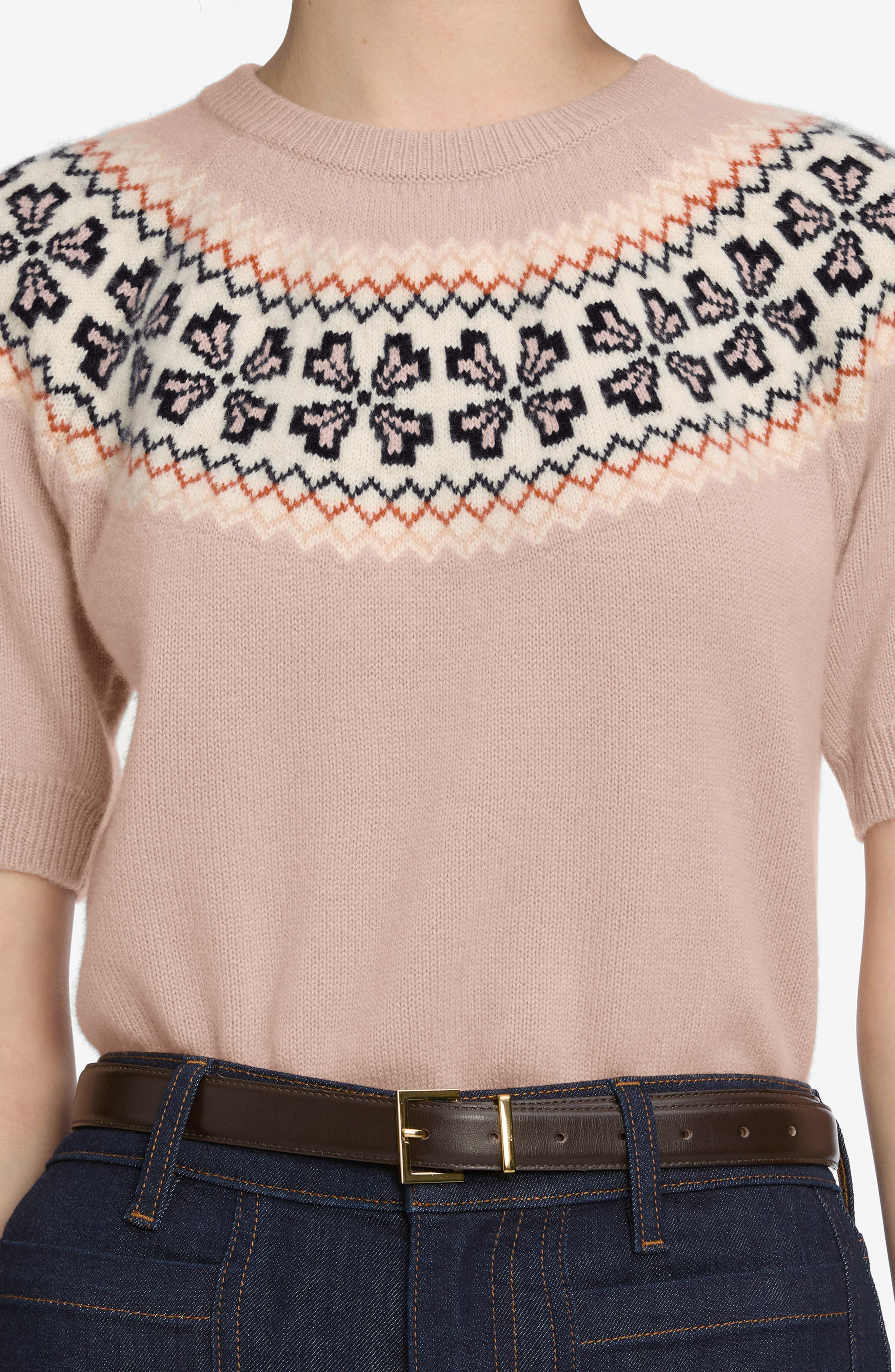 FRAME The Fair Isle Short Sleeve Cashmere Sweater in Pink Sand at Nordstrom - 4