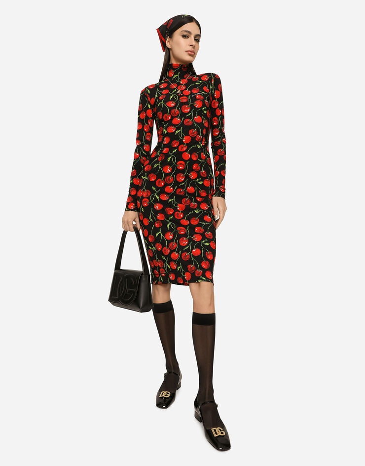 Long-sleeved jersey midi dress with cherry print - 5