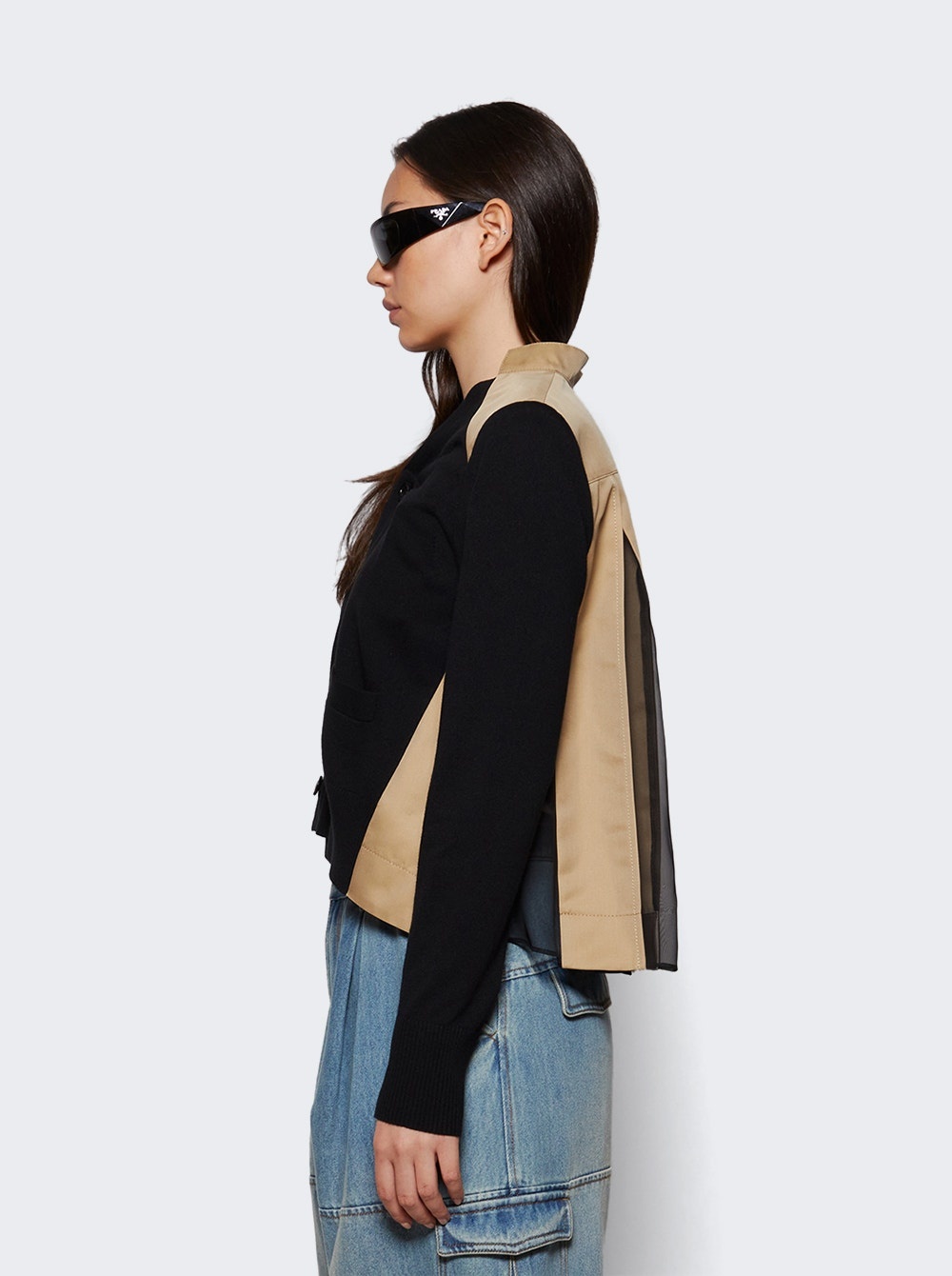 Cotton Gabardine X Knit Cardigan Black And Beige - 3