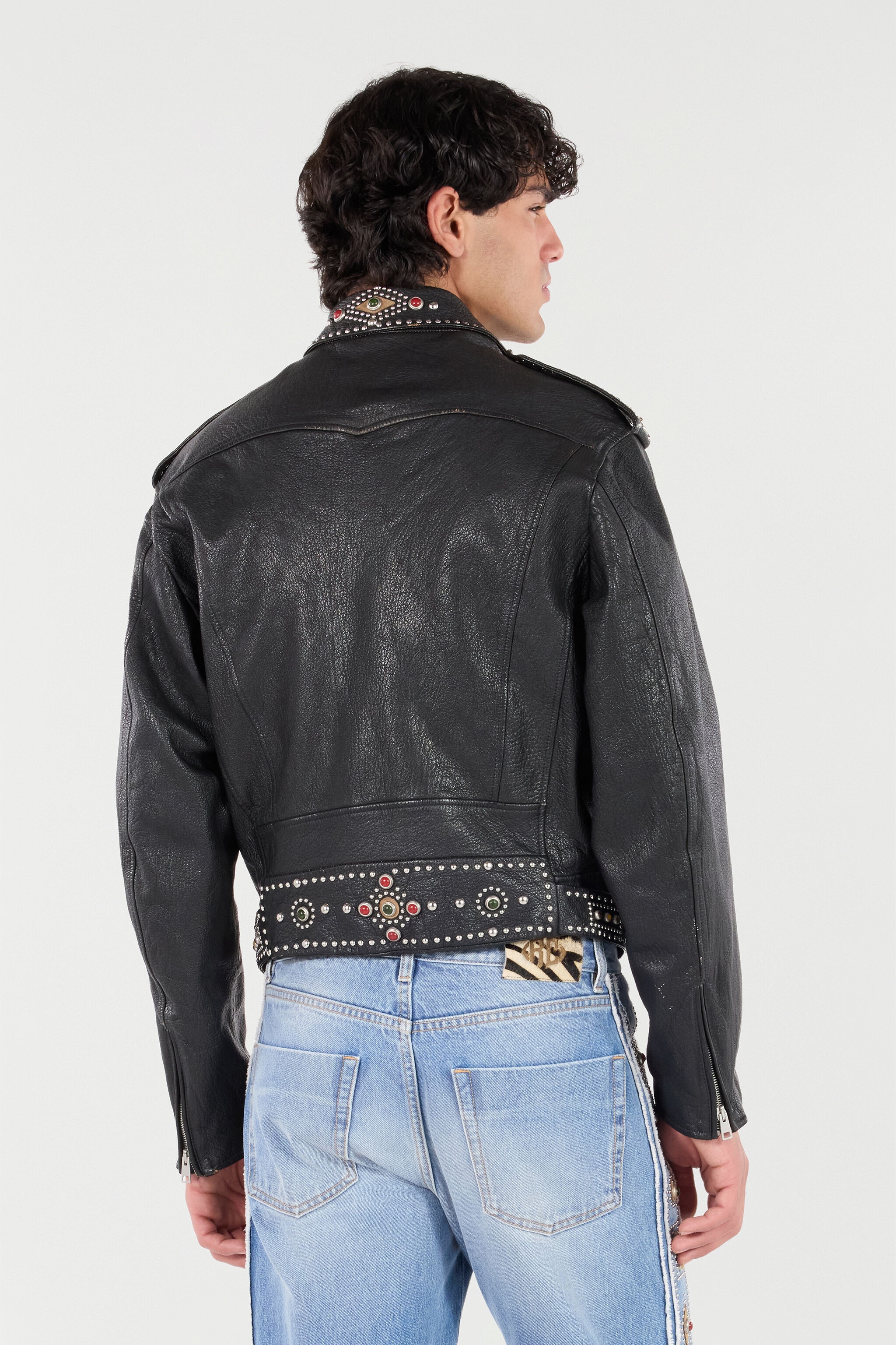 Leather Biker Jacket with Studs and Stones - 4