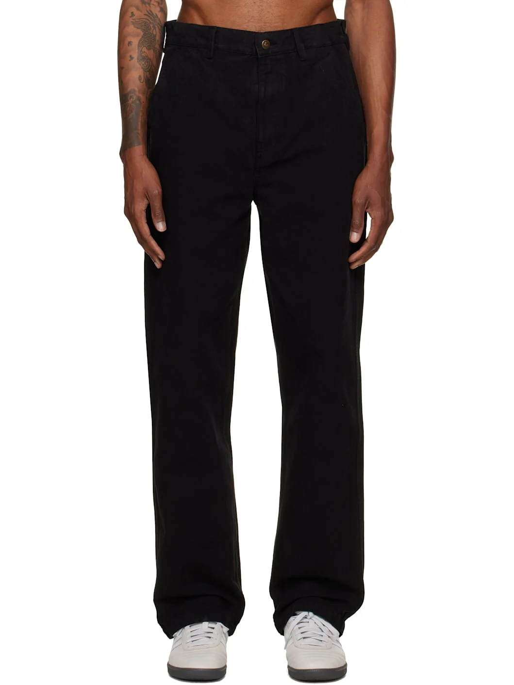 Black Cotton Canvas Straight Leg Trousers - 1