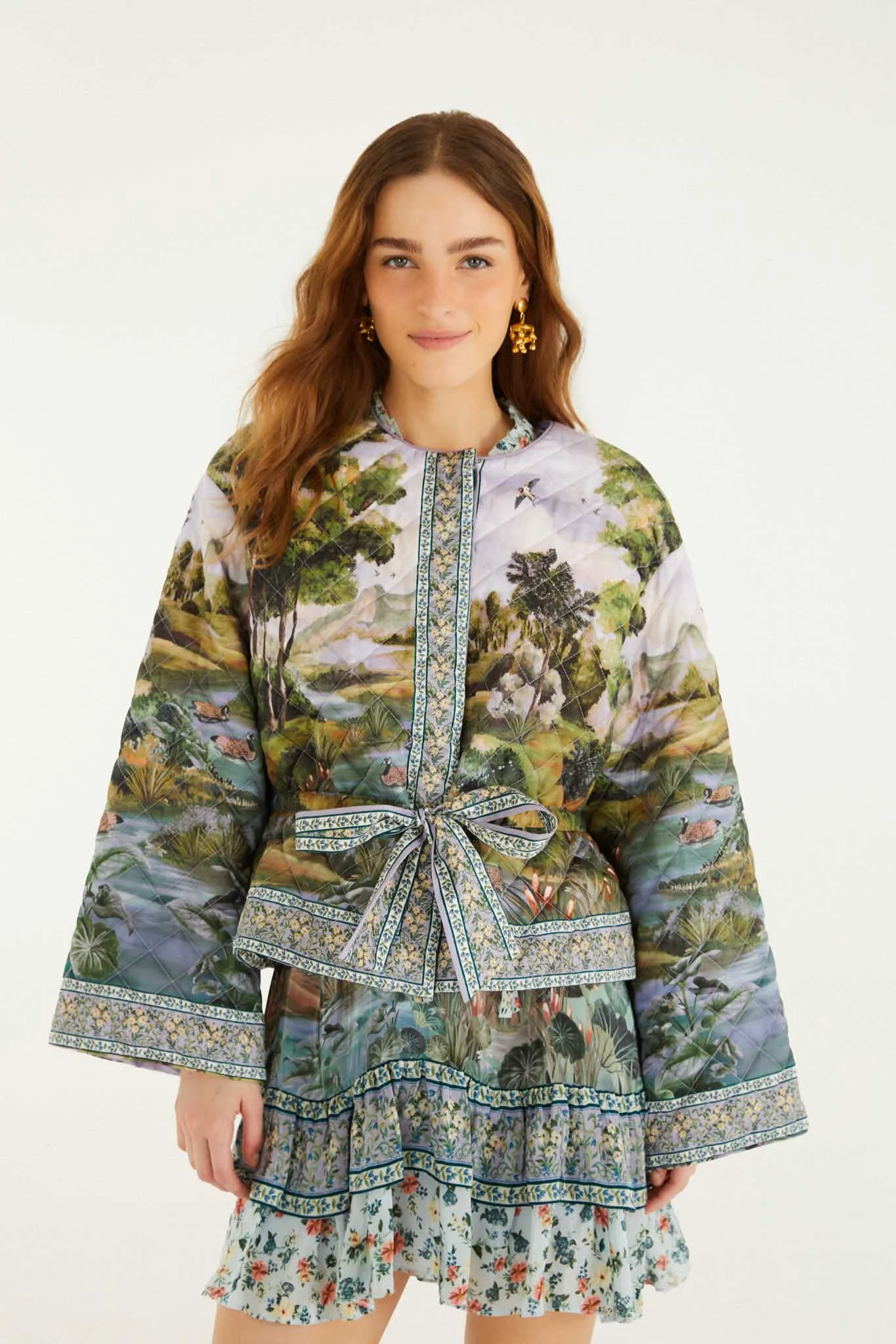 Multicolor Countryside Landscape Quilted Kimono Jacket - 1