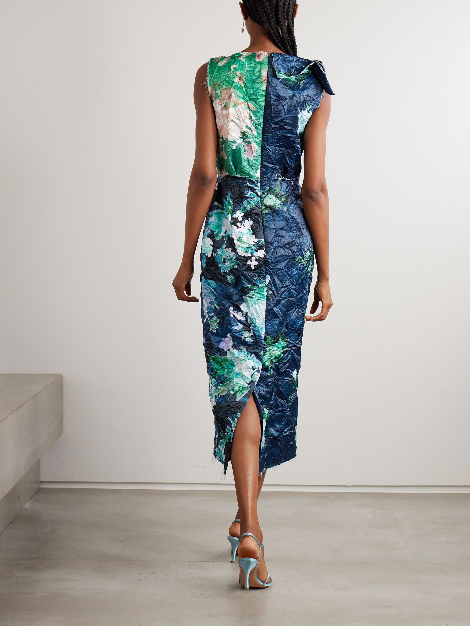 Frayed floral-print crinkled-satin midi dress Blue - 3