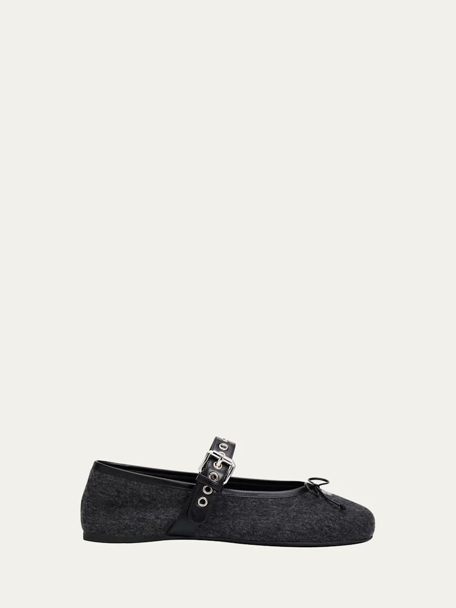 Flannel Leather-Strap Ballerina Flats - 1