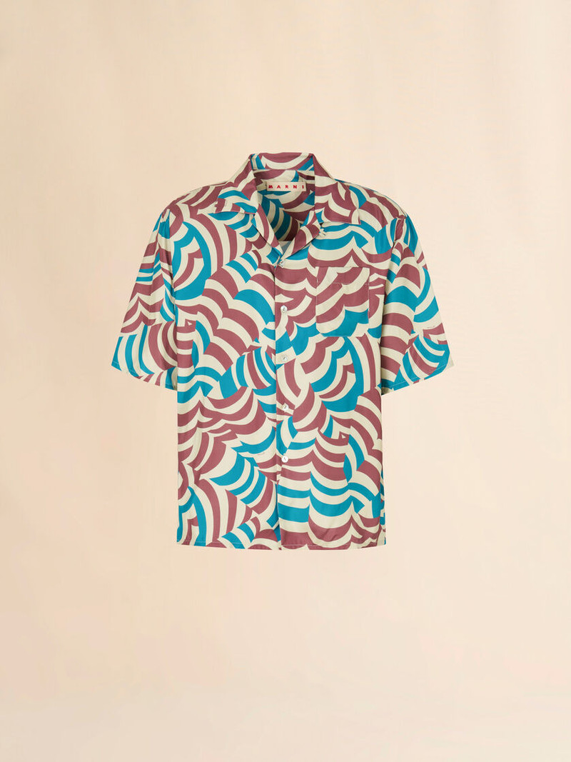BROWN AND TURQUOISE TWILL BOWLING SHIRT WITH YOYO PRINT 1