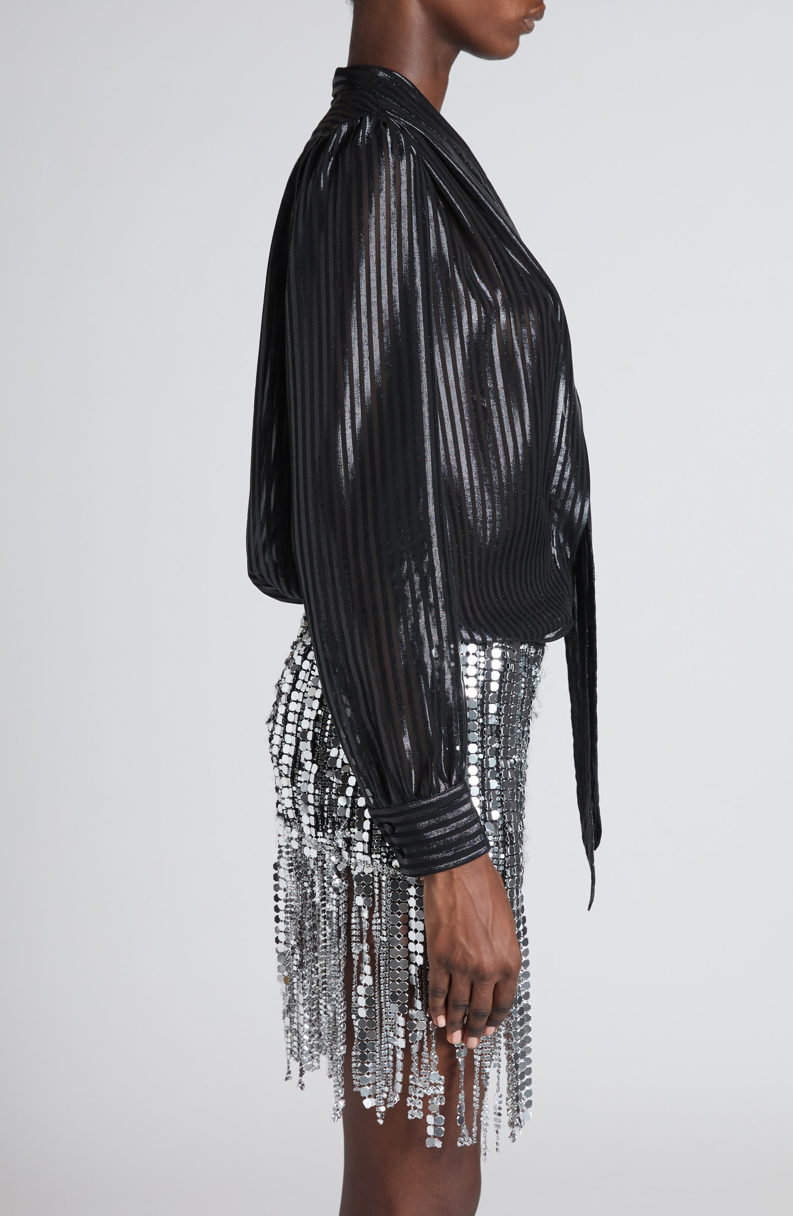 TOM FORD Stripe Tie Neck Silk Blend Top in Black at Nordstrom - 4