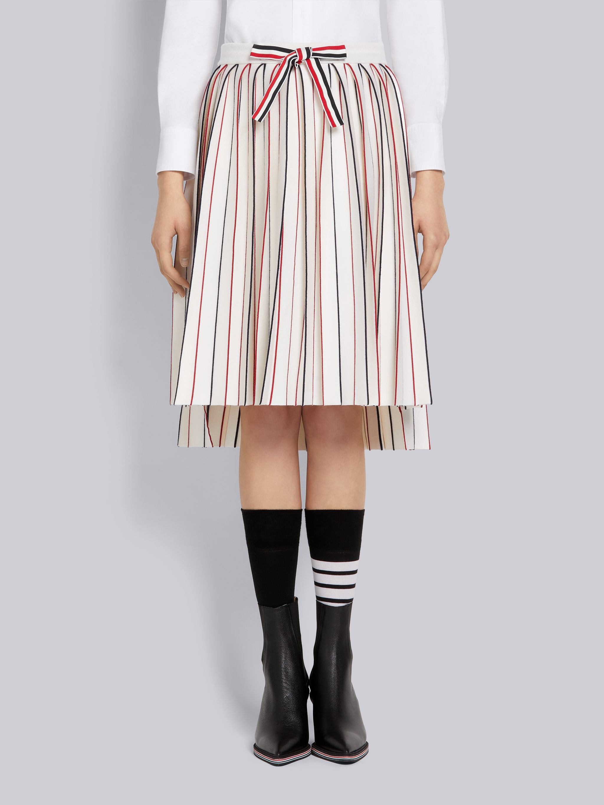 White Stretch Wool Knife Pleat Below-the-Knee Skirt - 1