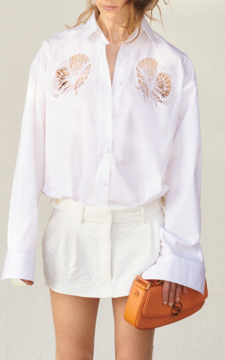 Lace Insert Cotton Poplin Button-Down Shirt white - 2