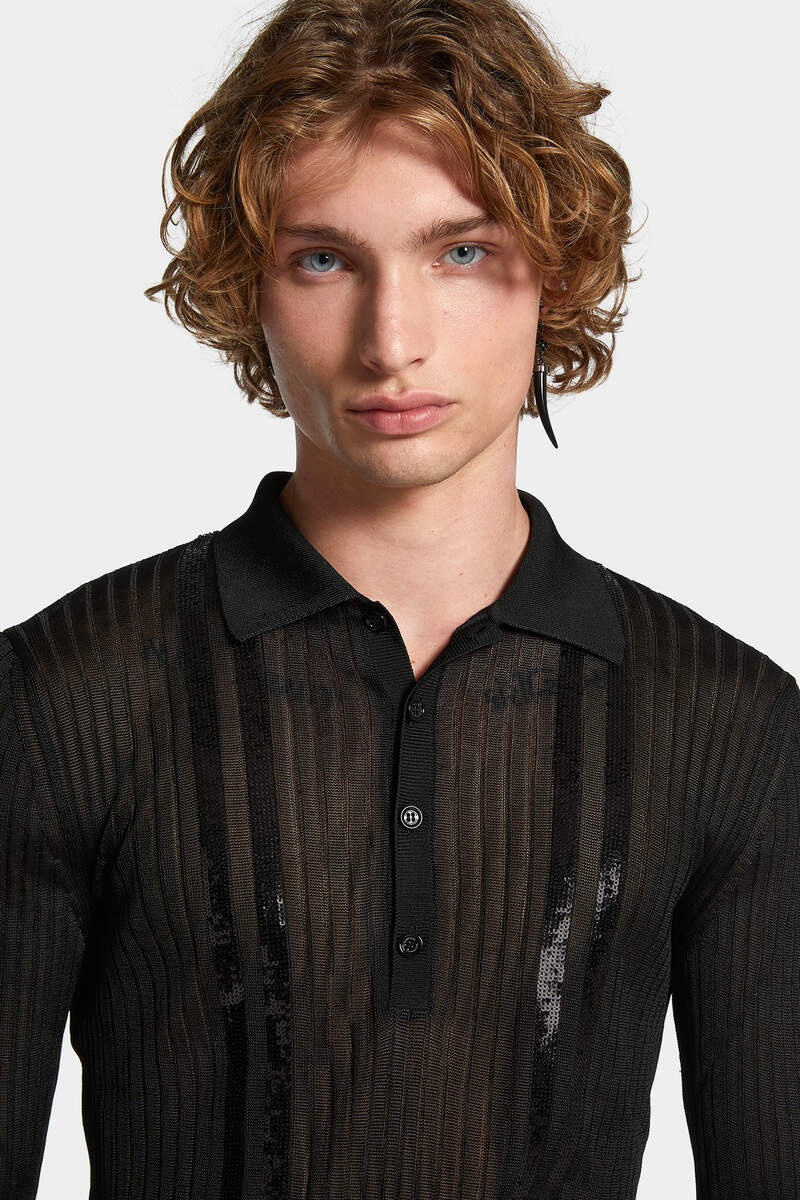 SEQUIN STRIPE KNIT POLO - 5
