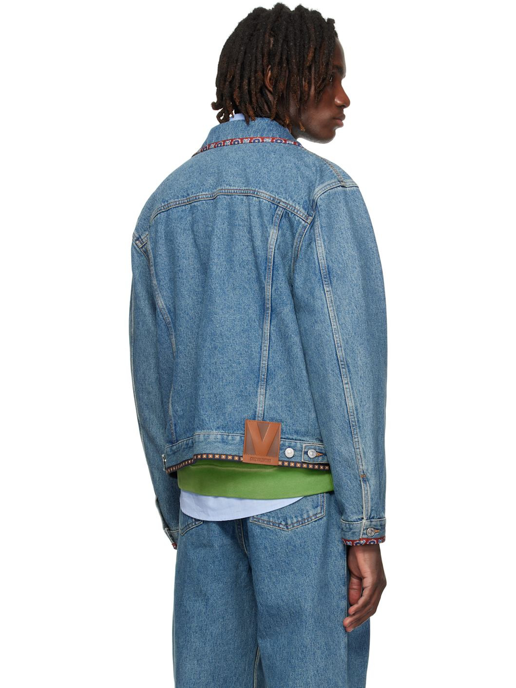 Blue Beaded Embroidery & Printed Edges Denim Jacket - 3