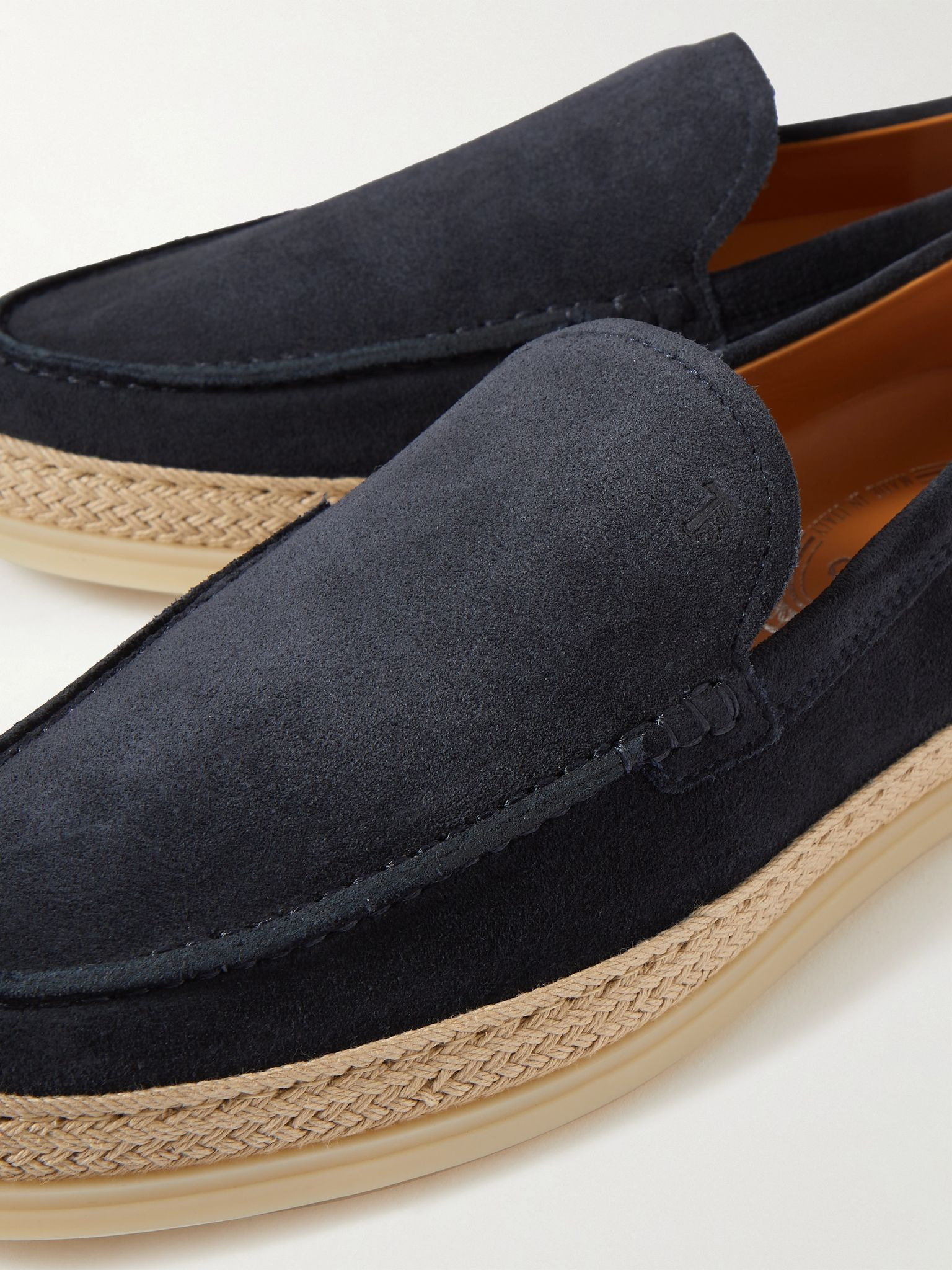 Raffia-trimmed suede loafers Navy - 4