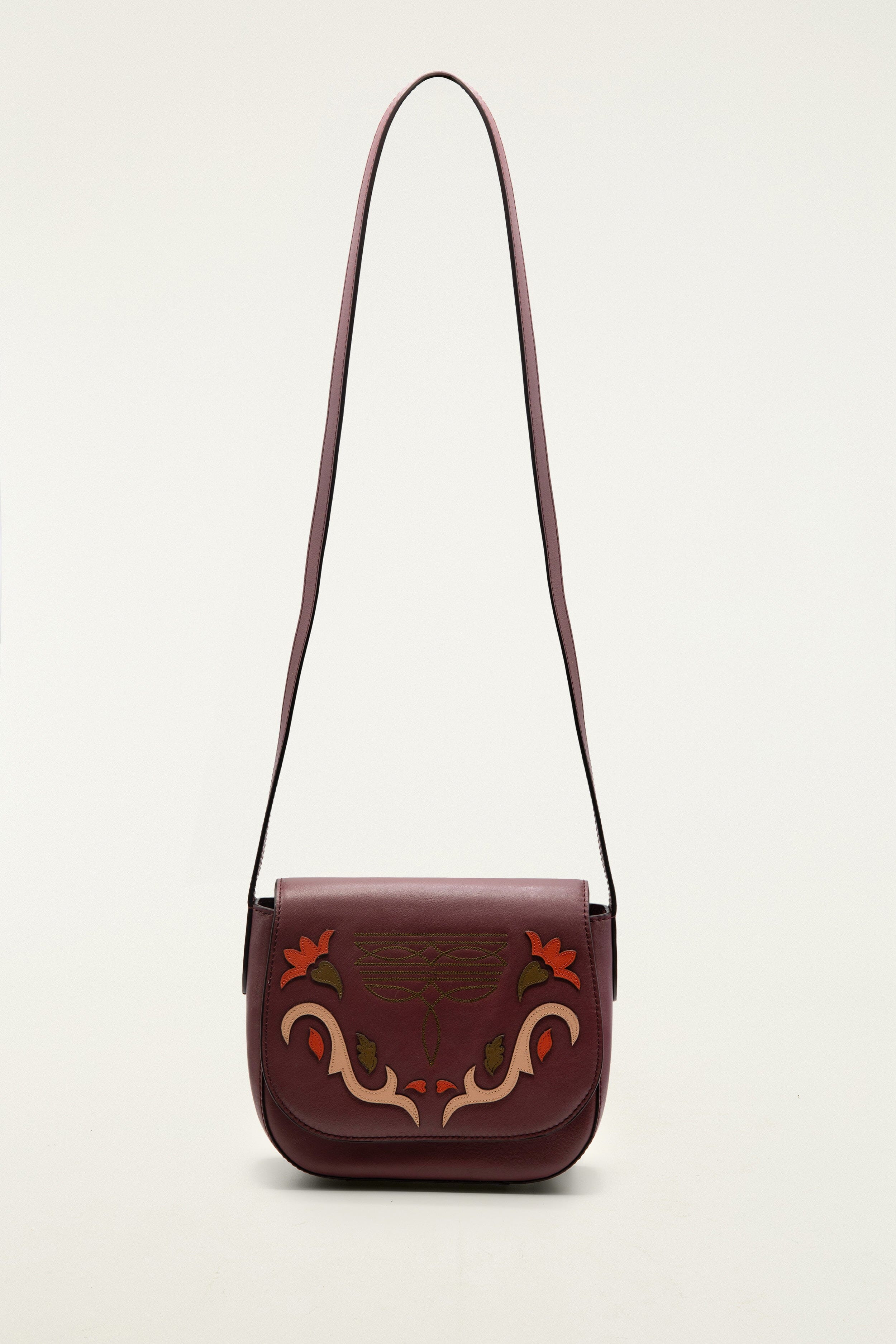 Burgundy Western Embroidered Leather Crossbody Bag - 5