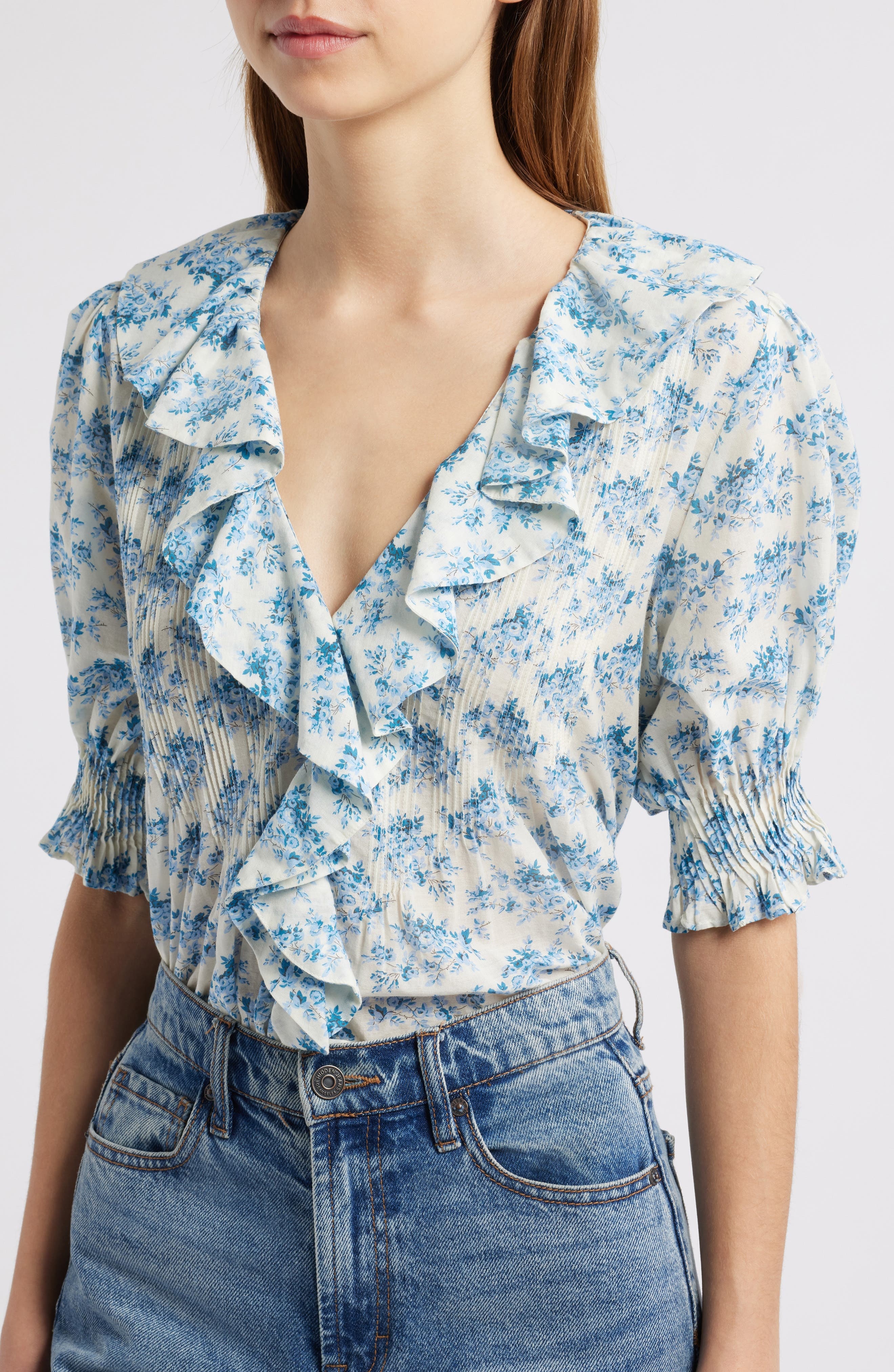 DÔEN Henri Floral Organic Cotton Voile Top in Bleu Rosier Floral at Nordstrom - 4