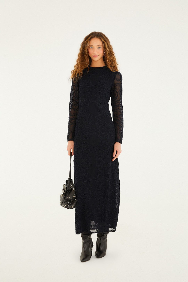Black Embroidered Sheer Sleeve Maxi Dress 1